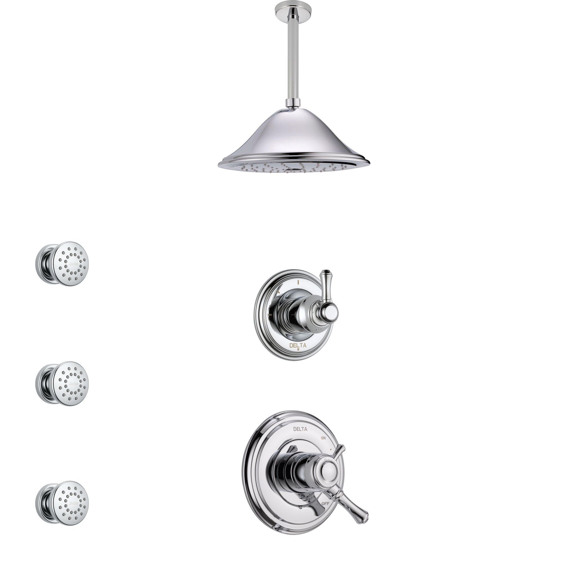 Delta Cassidy Chrome Finish Shower System with Dual Control Handle, 3-Setting Diverter, Ceiling Mount Showerhead, and 3 Body Sprays SS17975
