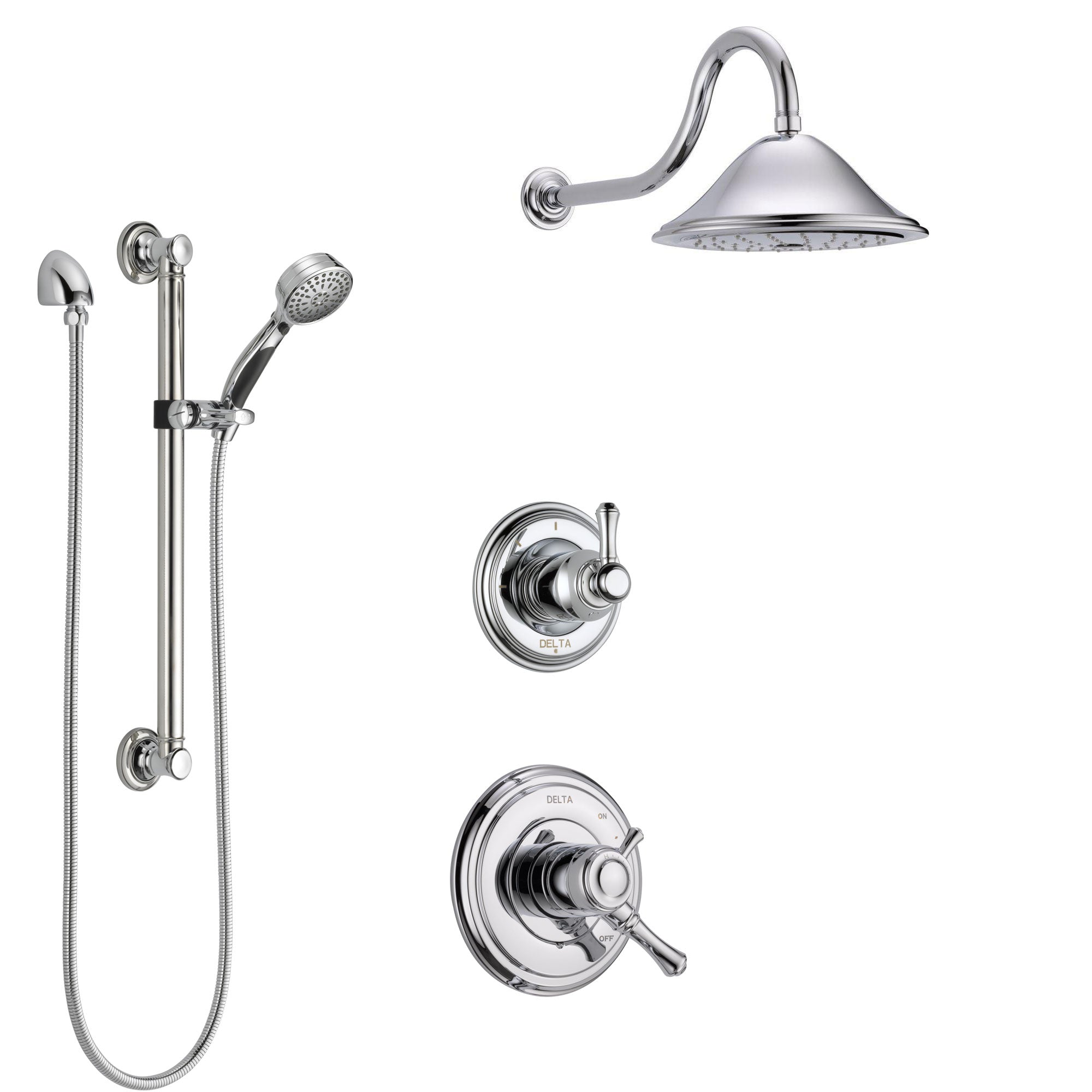 Delta Cassidy Chrome Finish Shower System with Dual Control Handle, 3-Setting Diverter, Showerhead, and Hand Shower with Grab Bar SS17976