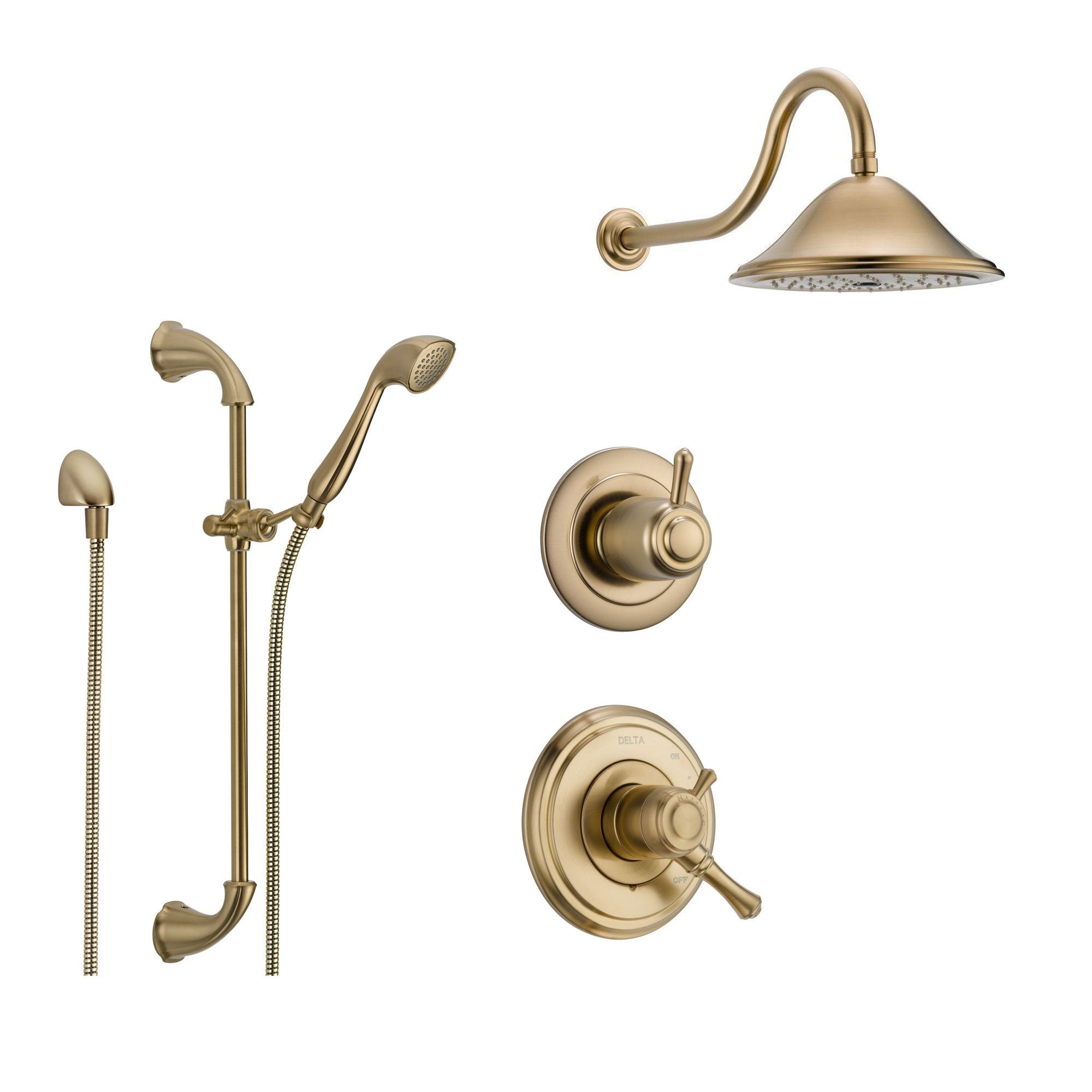 Delta Cassidy Champagne Bronze Shower System with Dual Control Shower Handle, 3-setting Diverter, Large Rain Showerhead, and Handheld Shower SS179782CZ
