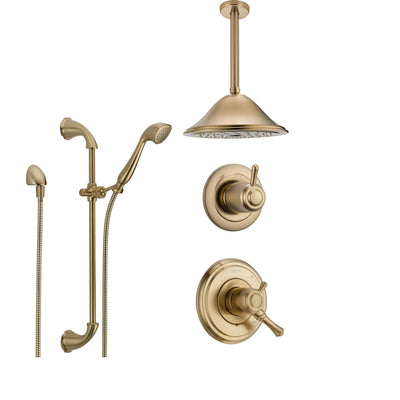 Delta Cassidy Champagne Bronze Shower System with Dual Control Shower Handle, 3-setting Diverter, Large Ceiling Mount Rain Showerhead, and Handheld Spray SS179784CZ