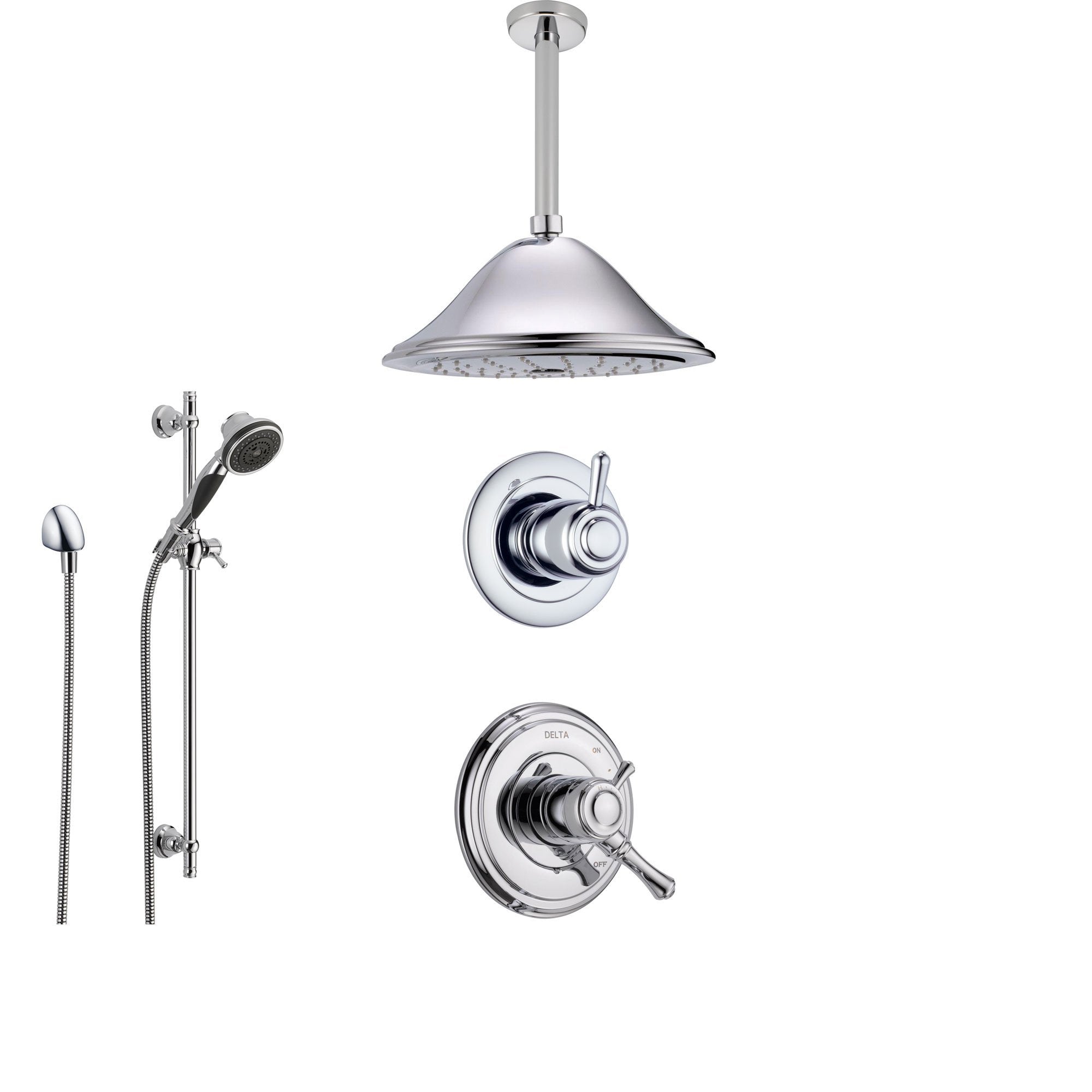 Delta Cassidy Chrome Shower System with Dual Control Shower Handle, 3-setting Diverter, Ceiling Mount Large Rain Showerhead, and Handheld Spray SS179784