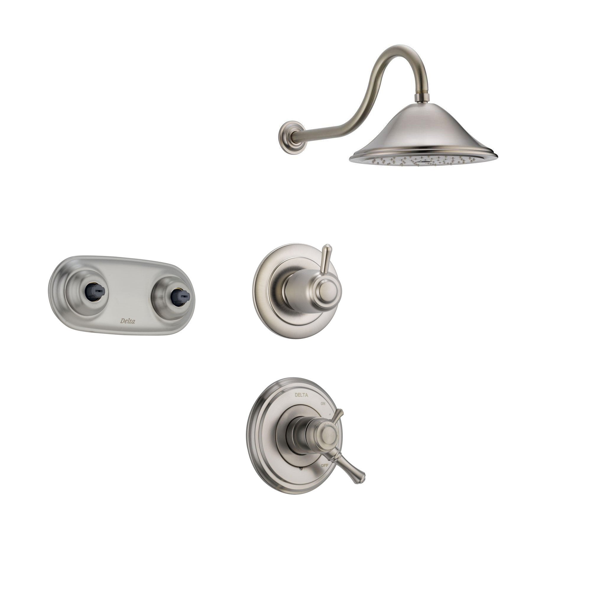 Delta Cassidy Stainless Steel Shower System with Dual Control Shower Handle, 3-setting Diverter, Large Rain Showerhead, and Dual Body Spray Shower Plate SS179785SS