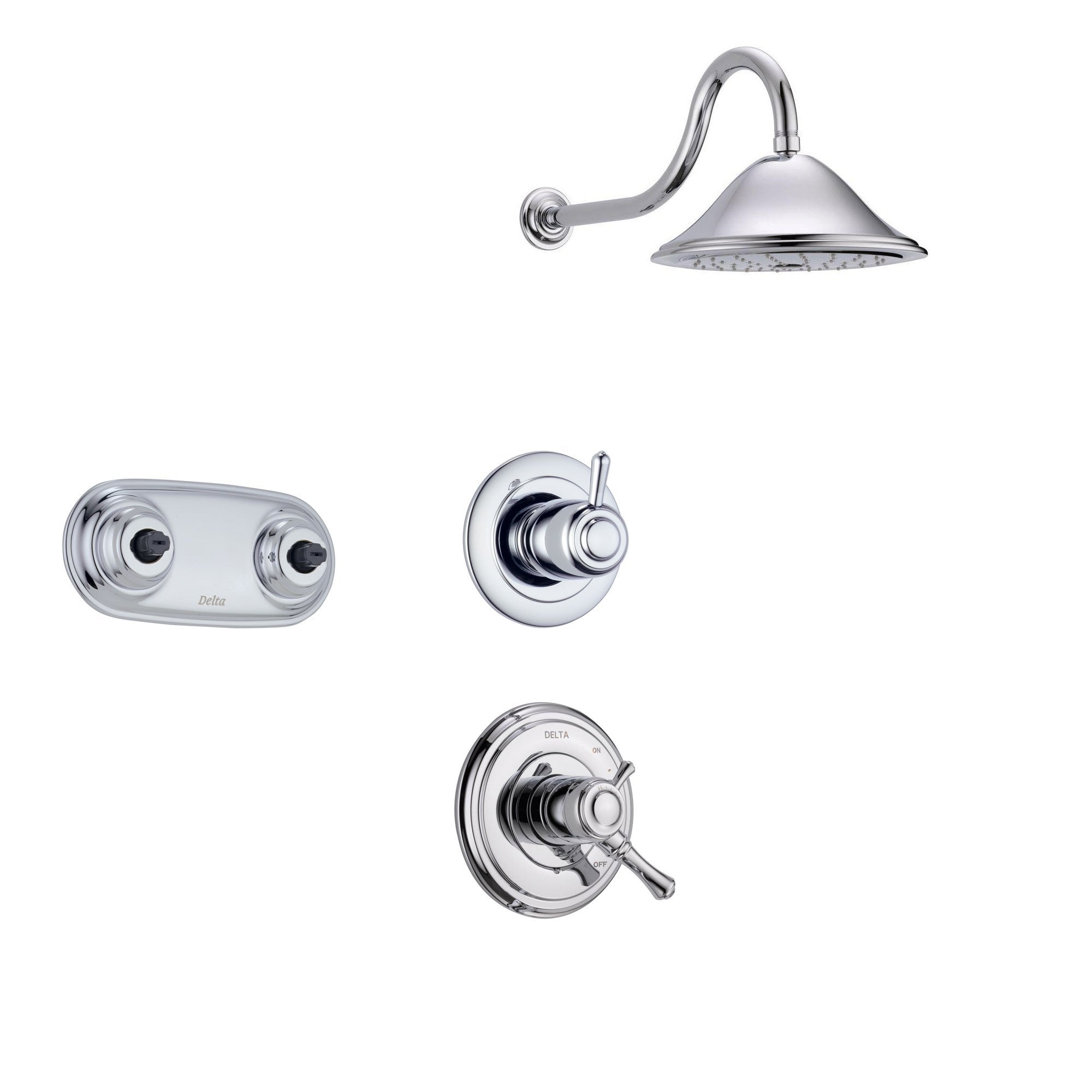 Delta Cassidy Chrome Shower System with Dual Control Shower Handle, 3-setting Diverter, Large Rain Showerhead, and Dual Body Spray Shower Plate SS179785