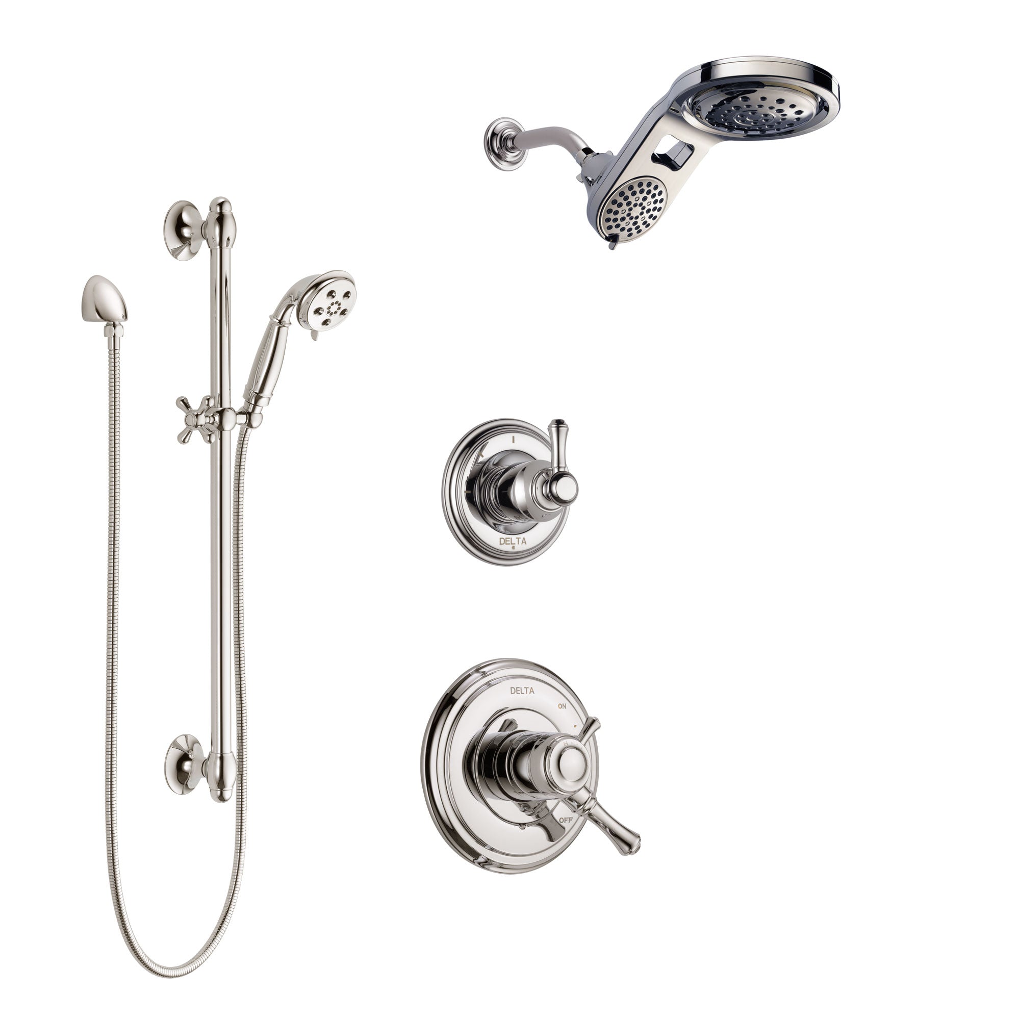 Delta Cassidy Polished Nickel Shower System with Dual Control Handle, 3-Setting Diverter, Dual Showerhead, and Hand Shower with Slidebar SS1797PN1