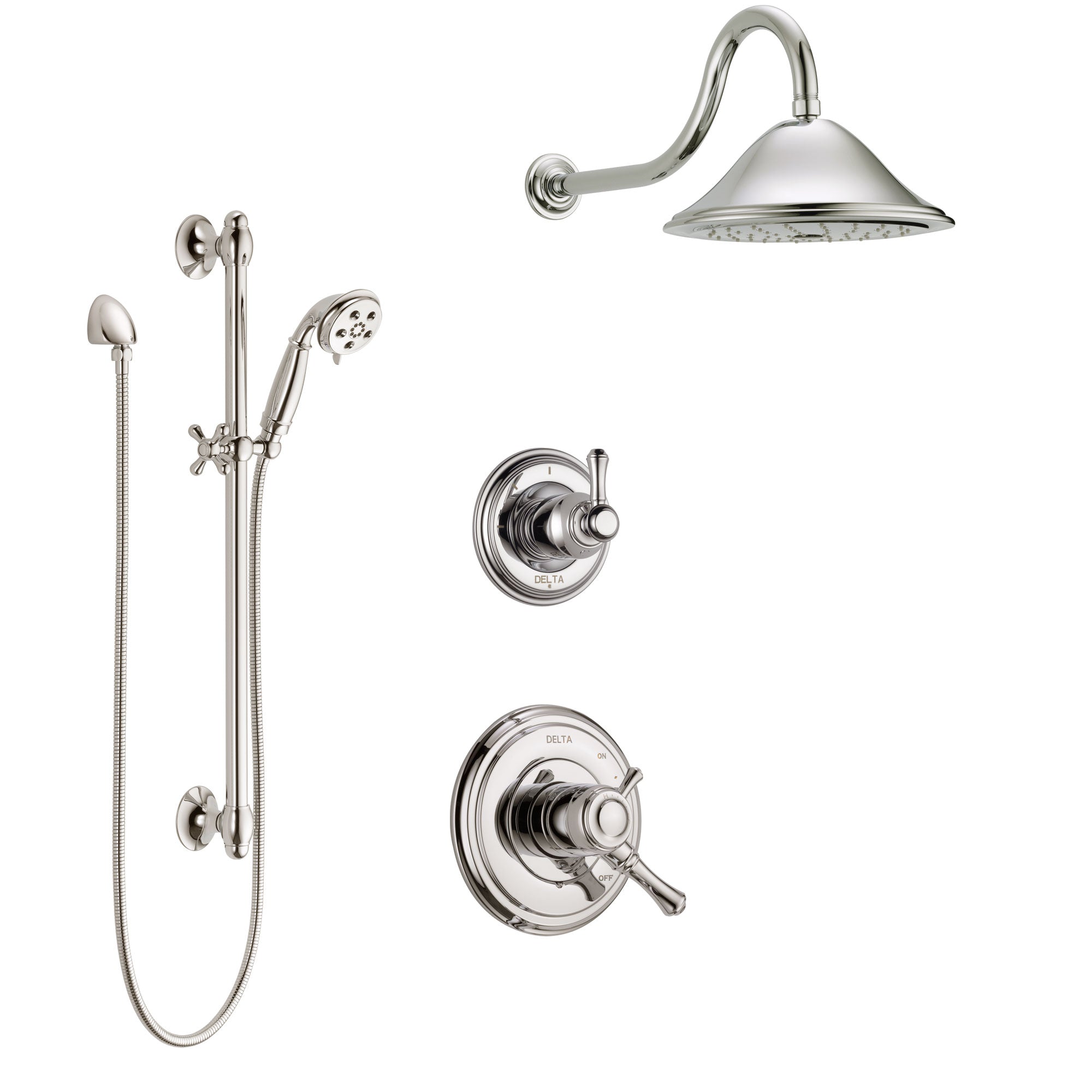 Delta Cassidy Polished Nickel Finish Shower System with Dual Control Handle, 3-Setting Diverter, Showerhead, and Hand Shower with Slidebar SS1797PN2