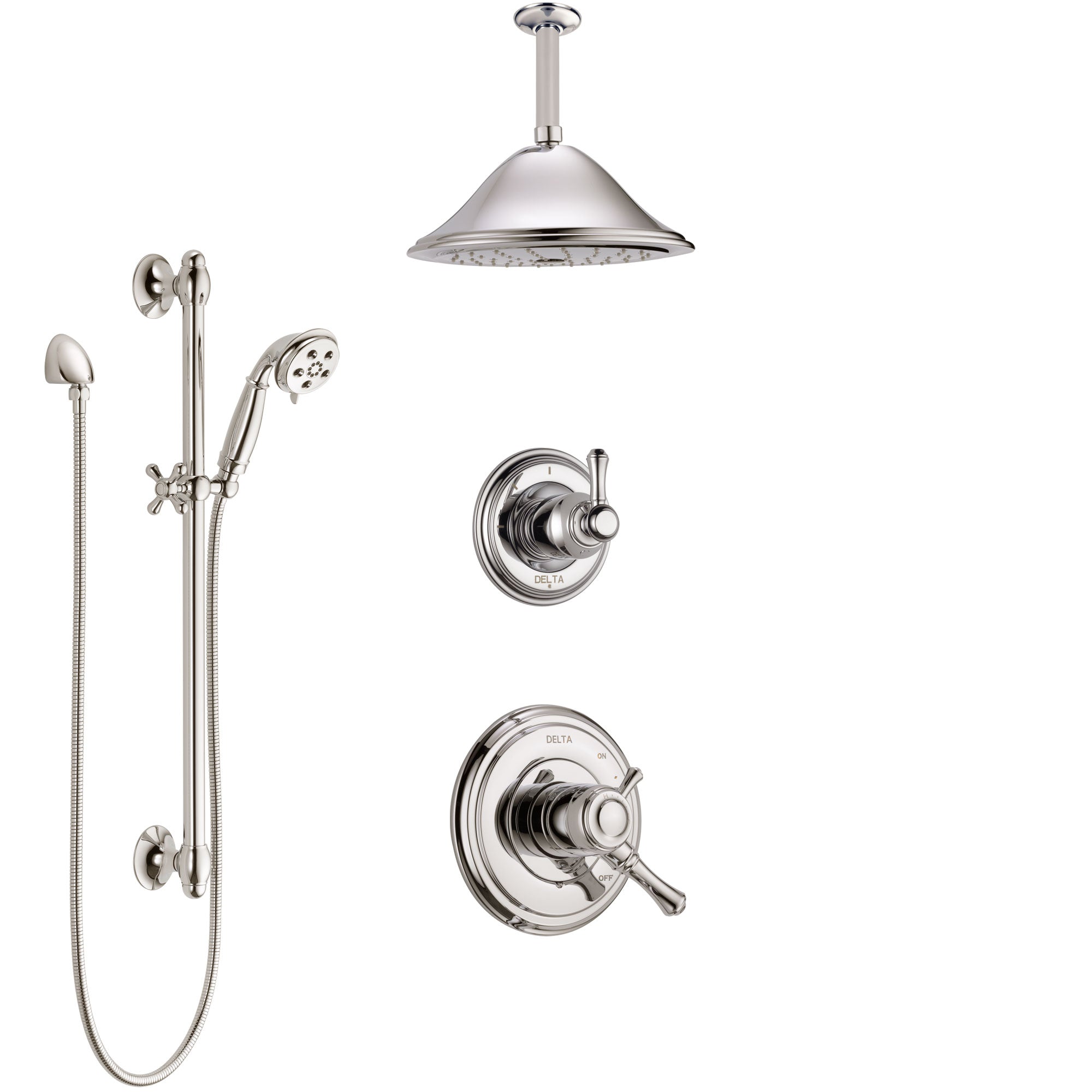 Delta Cassidy Polished Nickel Shower System with Dual Control Handle, Diverter, Ceiling Mount Showerhead, and Hand Shower with Slidebar SS1797PN3