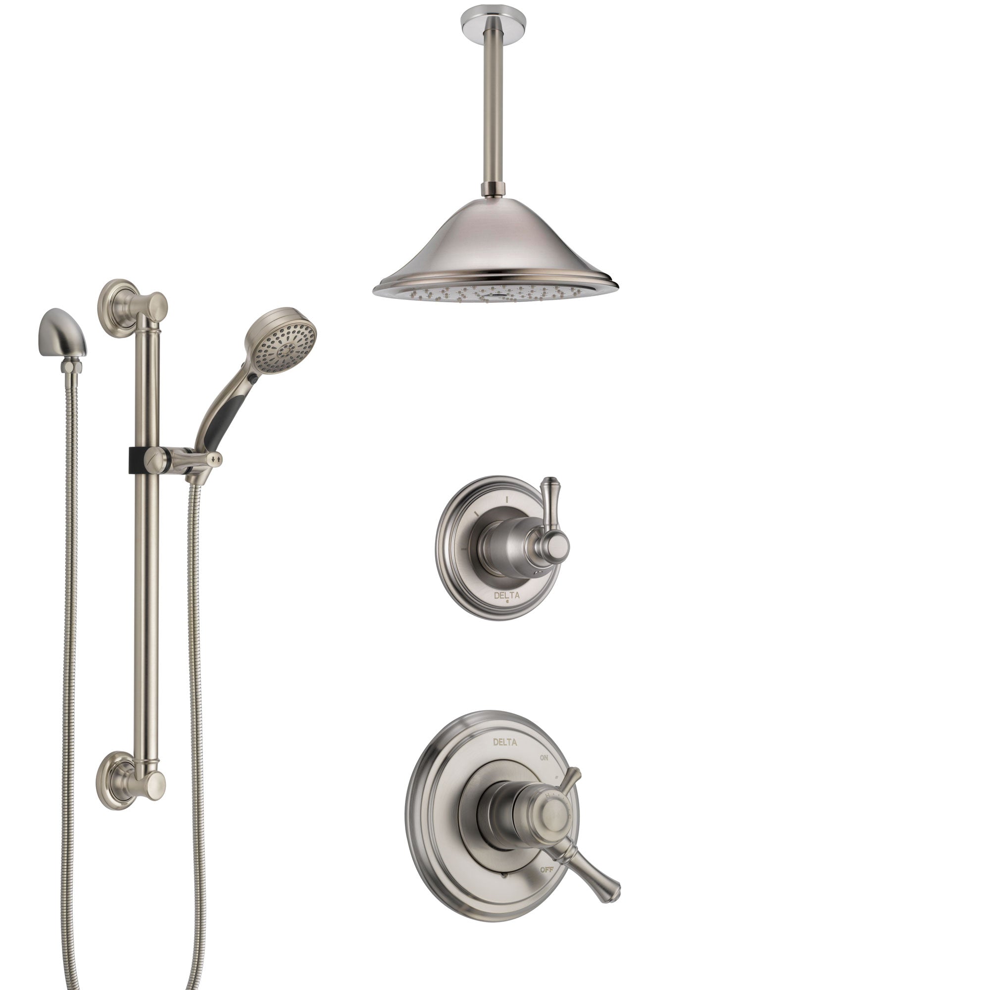 Delta Cassidy Dual Control Handle Stainless Steel Finish Shower System, Diverter, Ceiling Mount Showerhead, and Hand Shower with Grab Bar SS1797SS5