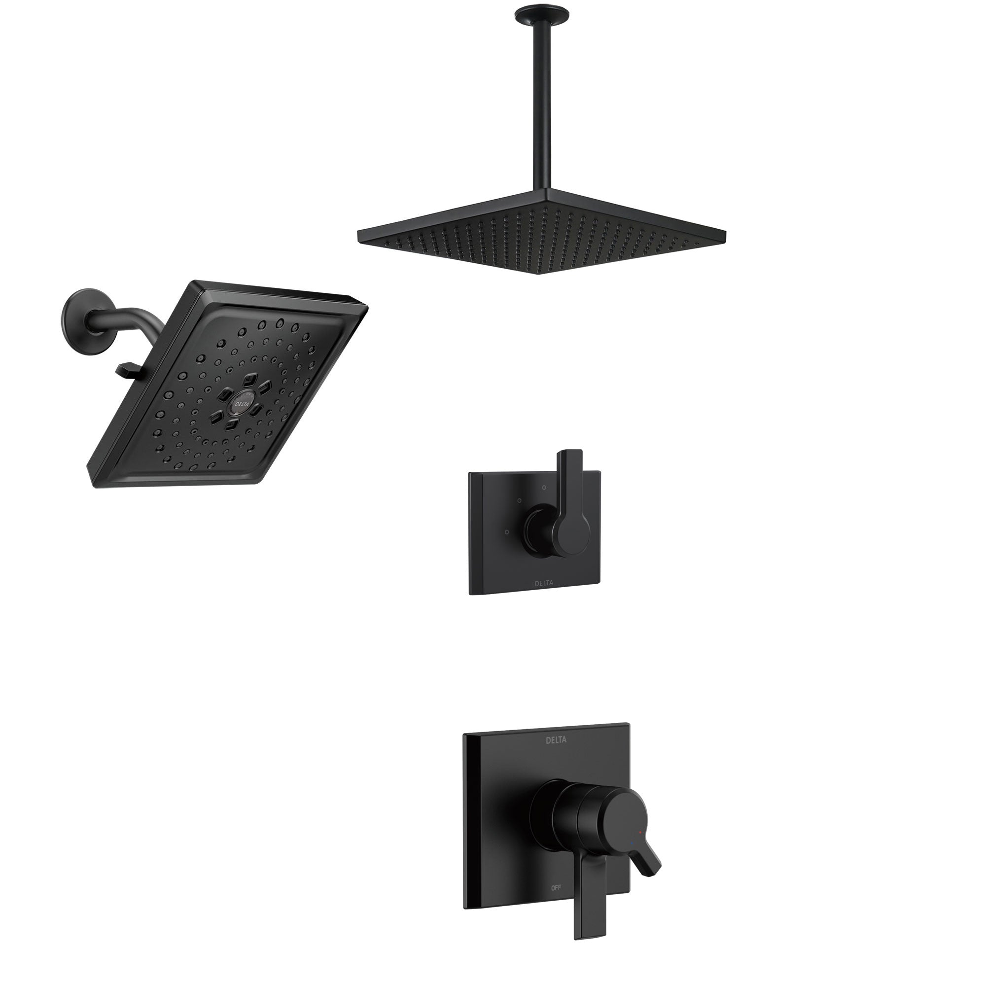 Delta Pivotal Matte Black Finish Multi Shower System with Diverter, Large Rain Ceiling Mounted Showerhead and Modern Wall Showerhead SS17993BL7