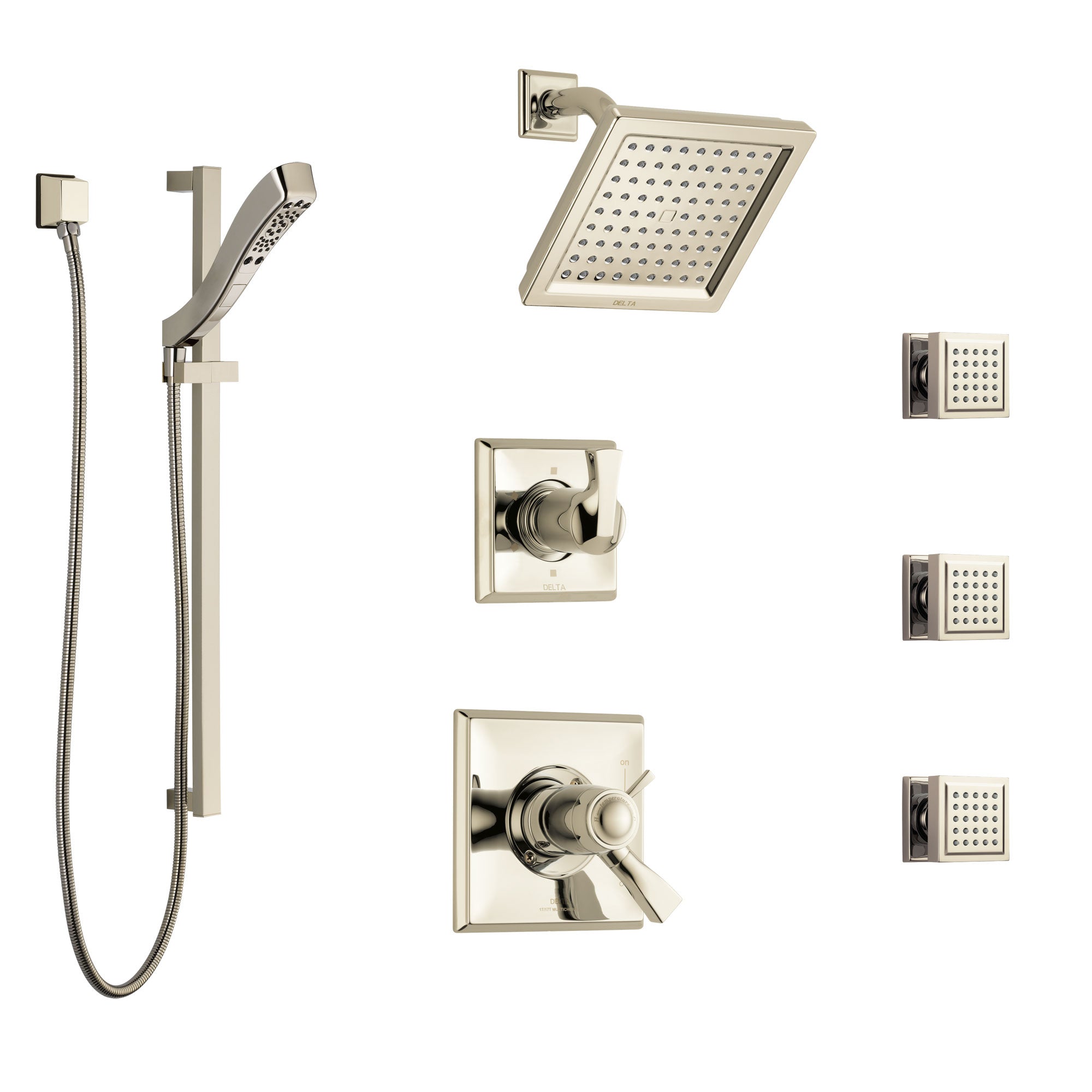Delta Dryden Polished Nickel Shower System with Dual Thermostatic Control, 6-Setting Diverter, Showerhead, 3 Body Sprays, and Hand Shower SS17T2512PN2