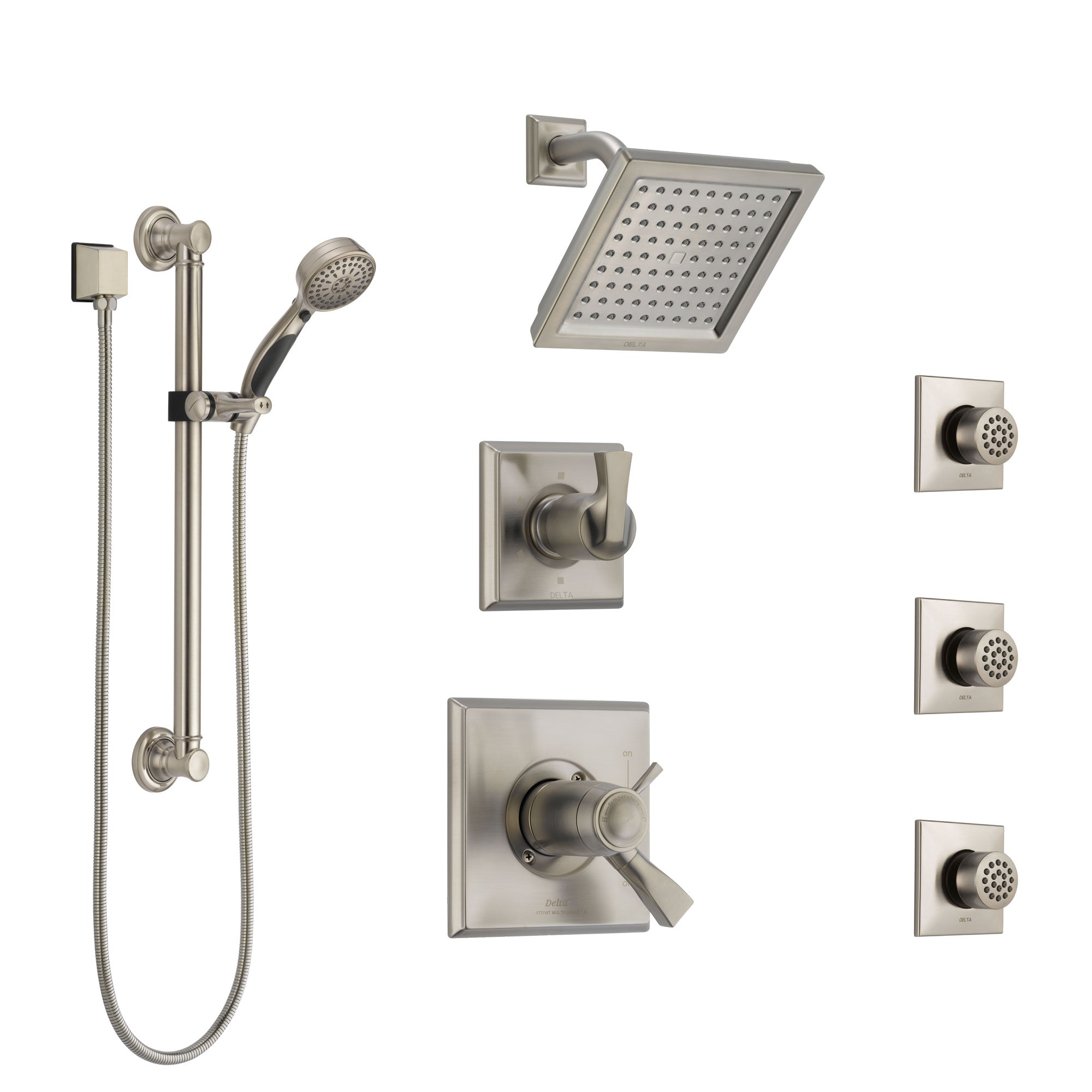 Delta Dryden Dual Thermostatic Control Stainless Steel Finish Shower System, Diverter, Showerhead, 3 Body Sprays, and Grab Bar Hand Spray SS17T2512SS2