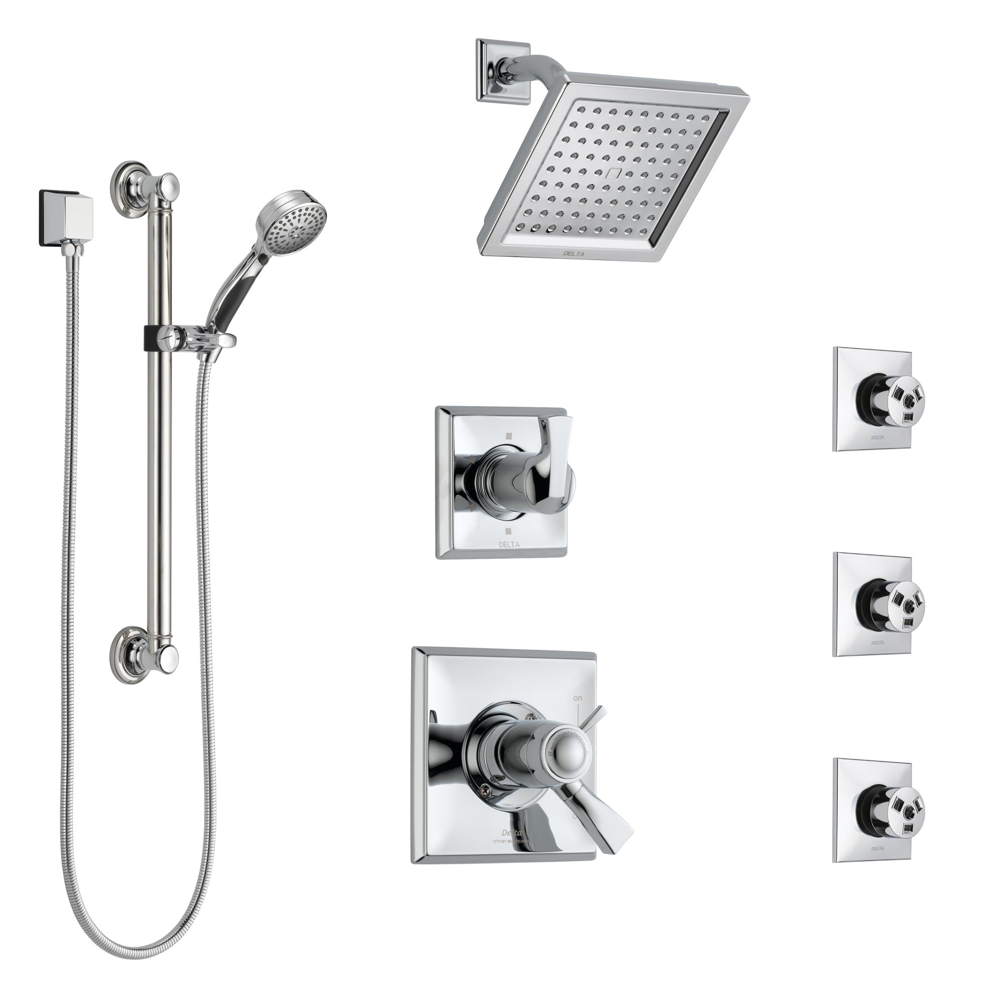 Delta Dryden Chrome Shower System with Dual Thermostatic Control, Diverter, Showerhead, 3 Body Sprays, and Hand Shower with Grab Bar SS17T25132
