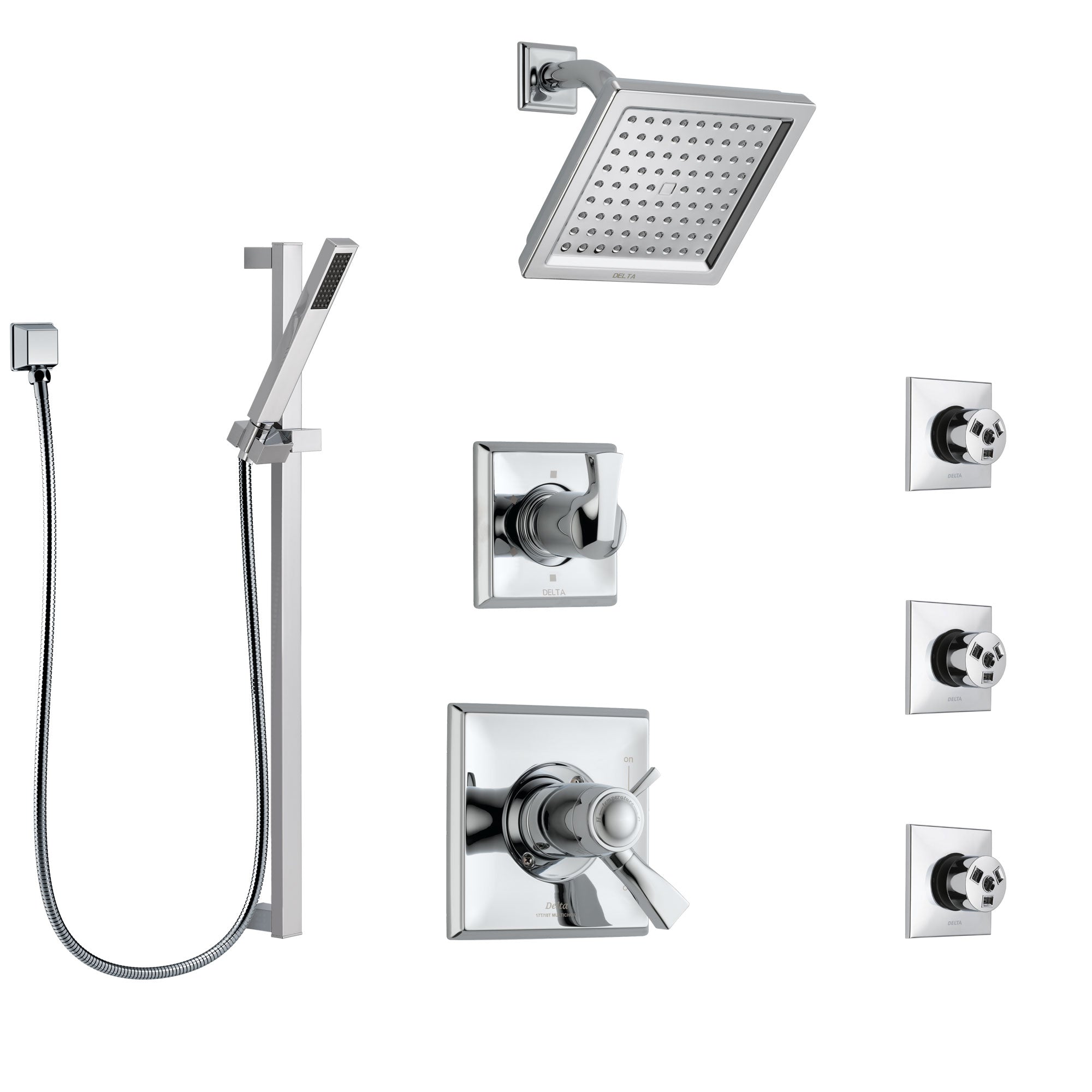 Delta Dryden Chrome Shower System with Dual Thermostatic Control Handle, 6-Setting Diverter, Showerhead, 3 Body Sprays, and Hand Shower SS17T25133