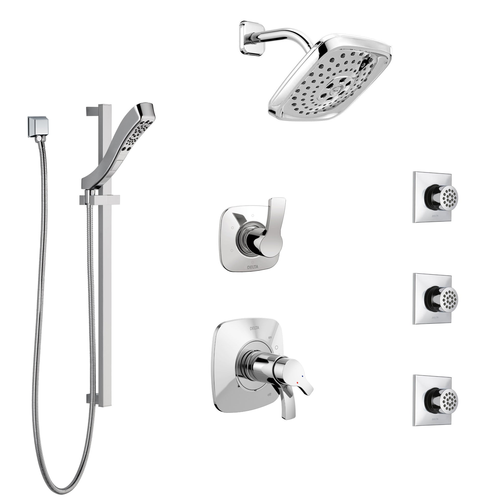 Delta Tesla Chrome Shower System with Dual Thermostatic Control Handle, 6-Setting Diverter, Showerhead, 3 Body Sprays, and Hand Shower SS17T25214