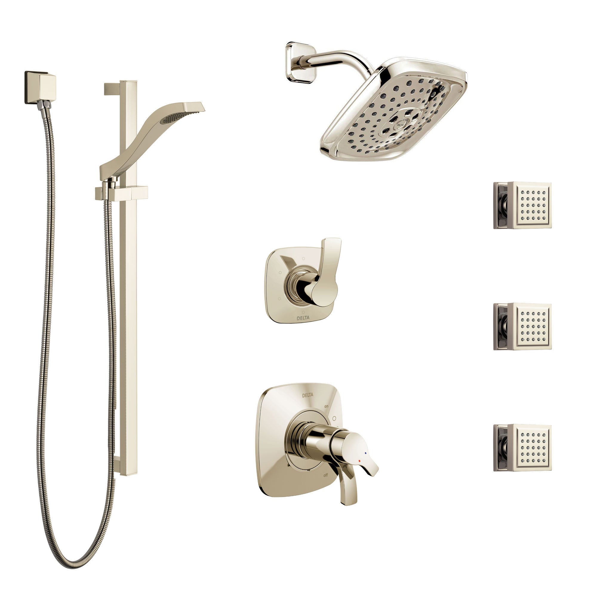 Delta Tesla Polished Nickel Shower System with Dual Thermostatic Control, 6-Setting Diverter, Showerhead, 3 Body Sprays, and Hand Shower SS17T2521PN2