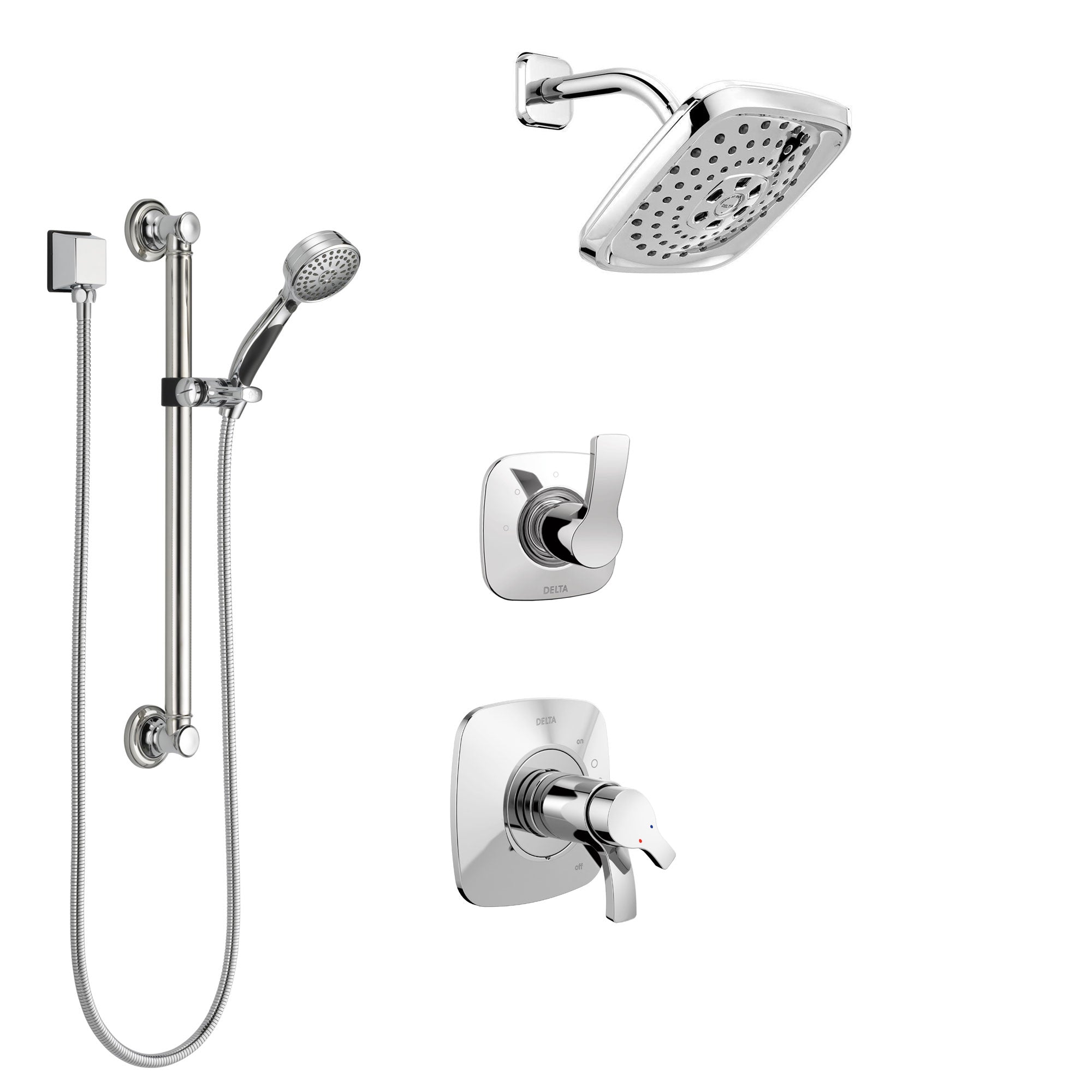 Delta Tesla Chrome Finish Shower System with Dual Thermostatic Control Handle, Diverter, Showerhead, and Hand Shower with Grab Bar SS17T25224