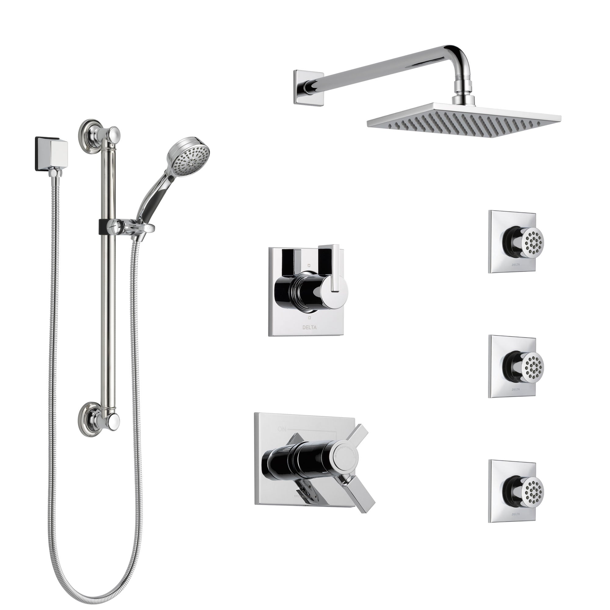 Delta Vero Chrome Shower System with Dual Thermostatic Control, Diverter, Showerhead, 3 Body Sprays, and Hand Shower with Grab Bar SS17T25344