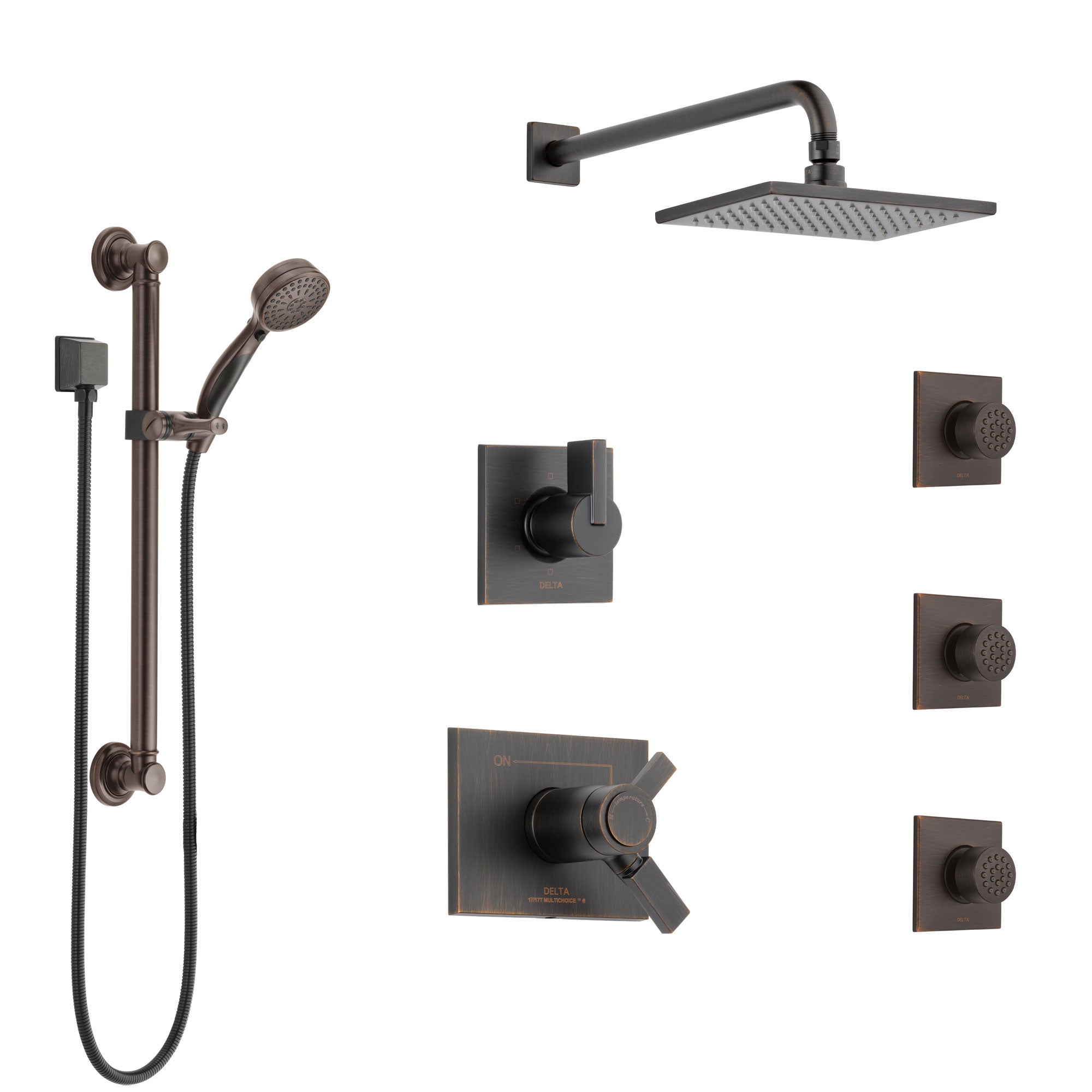 Delta Vero Venetian Bronze Shower System with Dual Thermostatic Control, Diverter, Showerhead, 3 Body Sprays, and Grab Bar Hand Shower SS17T2534RB2