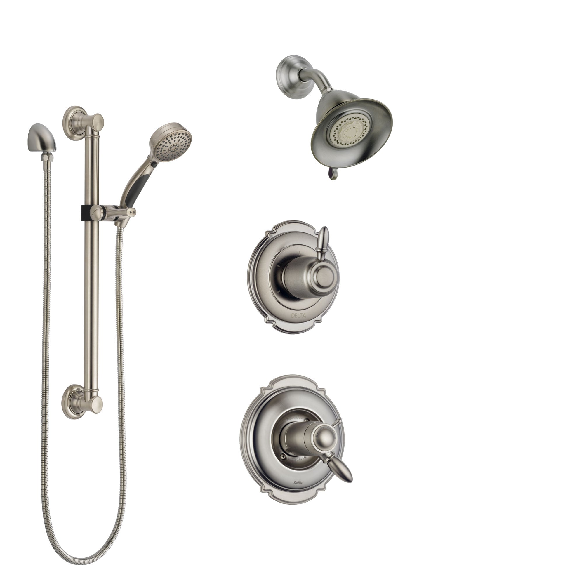 Delta Victorian Dual Thermostatic Control Handle Stainless Steel Finish Shower System, Diverter, Showerhead, and Hand Spray with Grab Bar SS17T2551SS3