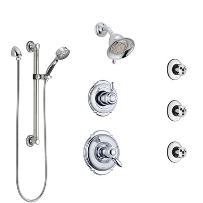 Delta Victorian Chrome Shower System with Dual Thermostatic Control, Diverter, Showerhead, 3 Body Sprays, and Hand Shower with Grab Bar SS17T25522