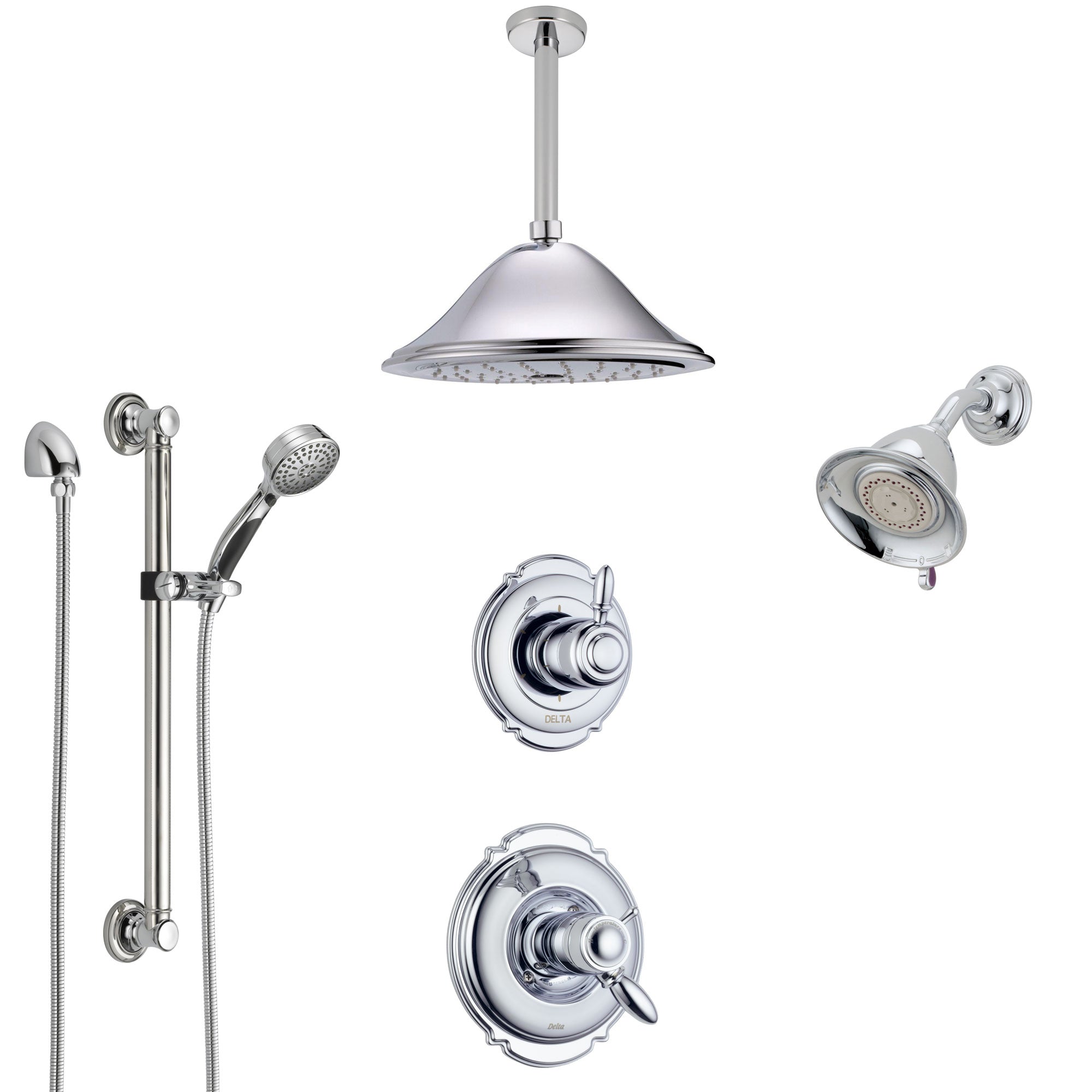 Delta Victorian Chrome Shower System with Dual Thermostatic Control, Diverter, Showerhead, Ceiling Showerhead, and Grab Bar Hand Shower SS17T25525