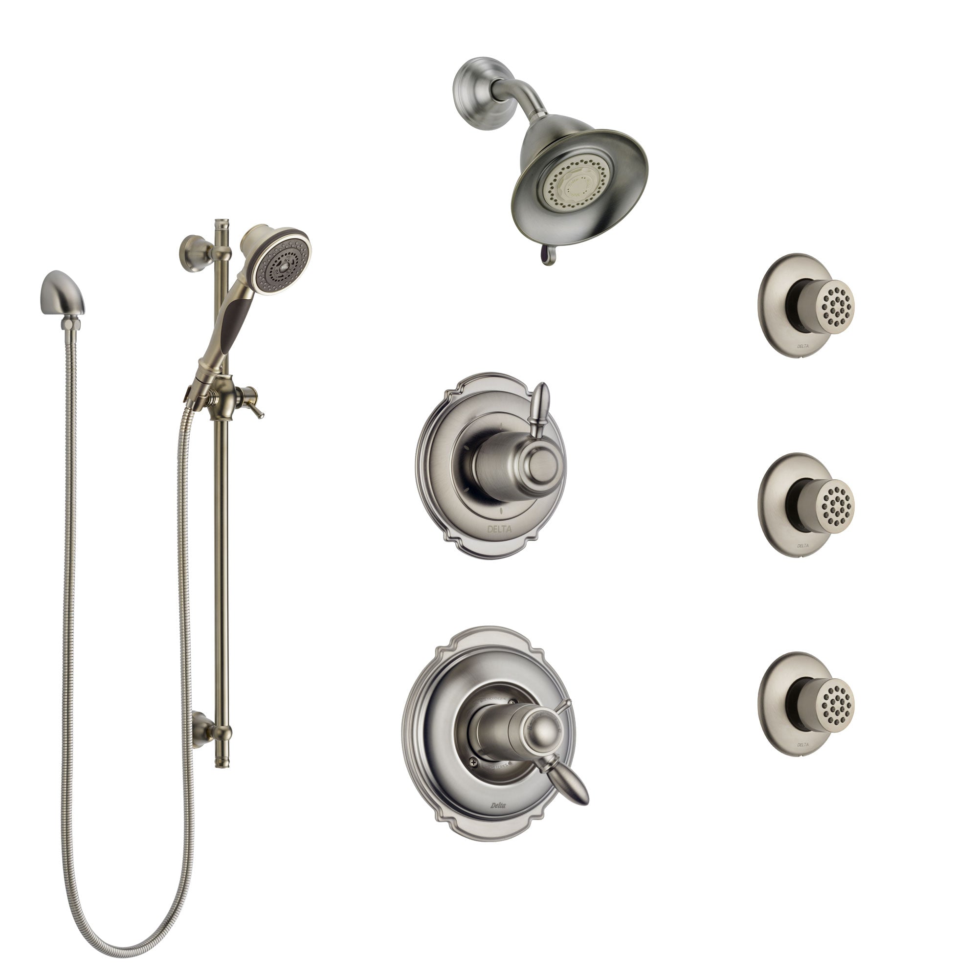 Delta Victorian Dual Thermostatic Control Stainless Steel Finish Shower System, Diverter, Showerhead, 3 Body Sprays, and Hand Shower SS17T2552SS3