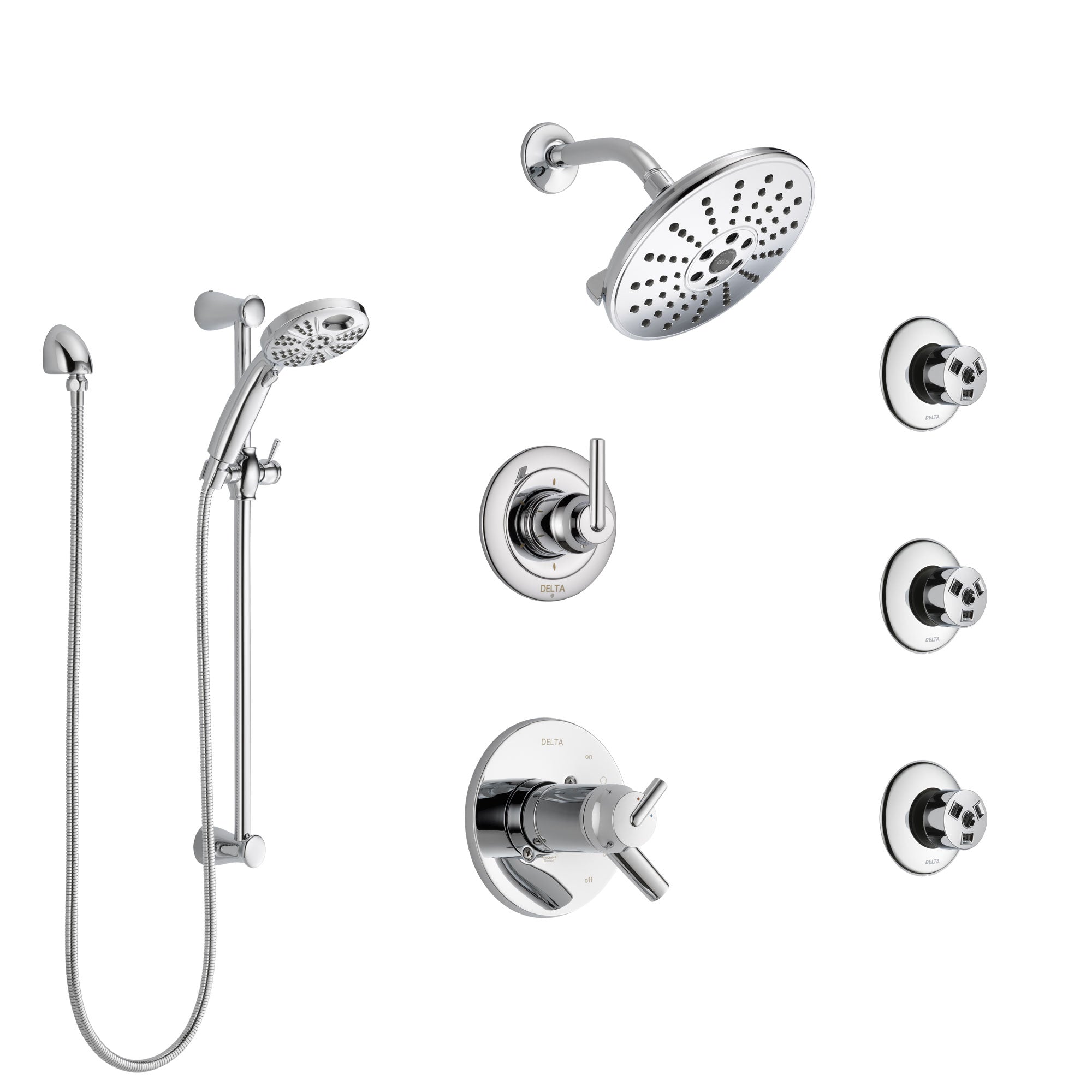Delta Trinsic Chrome Shower System with Dual Thermostatic Control, 6-Setting Diverter, Showerhead, 3 Body Sprays, and Temp2O Hand Shower SS17T25913