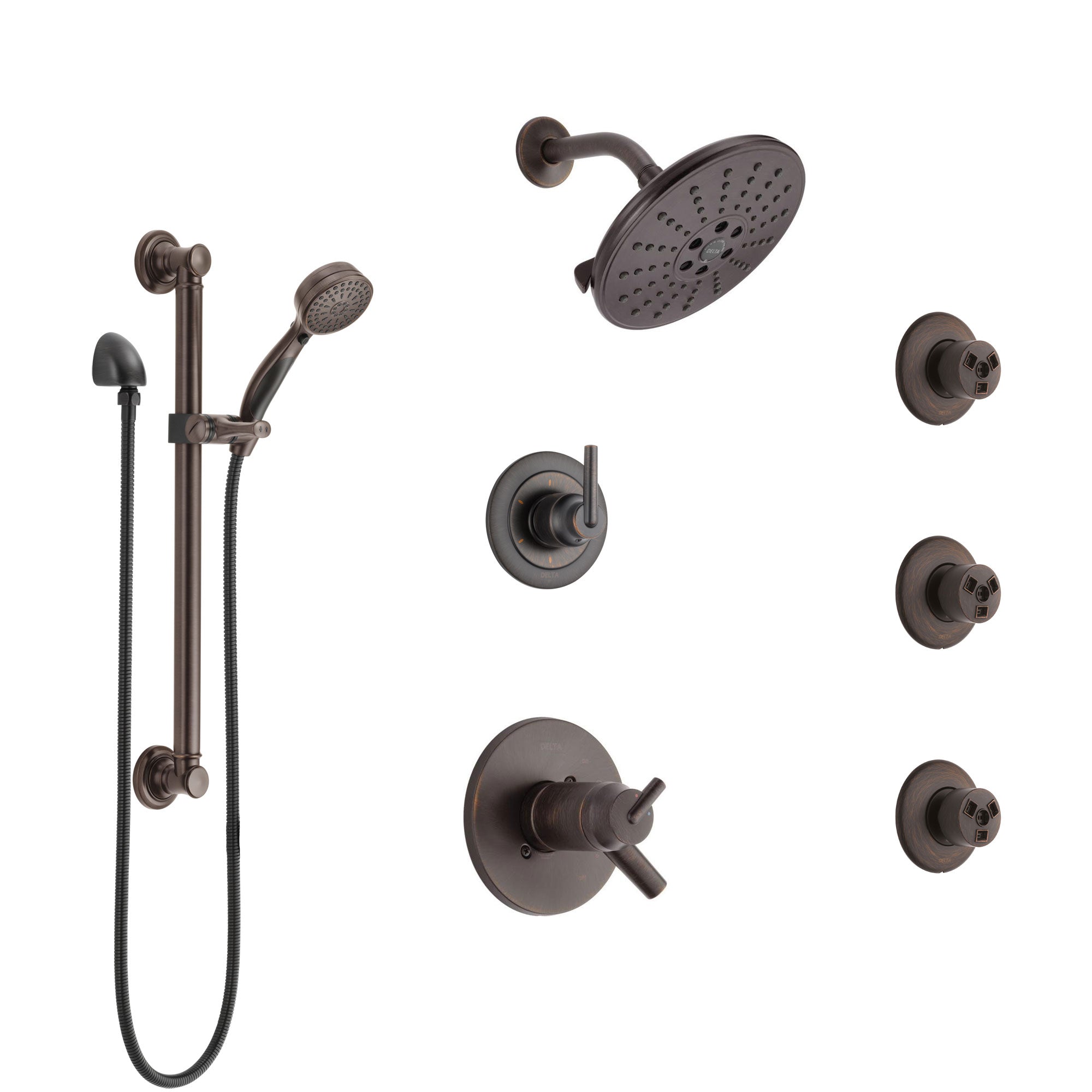 Delta Trinsic Venetian Bronze Shower System with Dual Thermostatic Control, Diverter, Showerhead, 3 Body Sprays, and Grab Bar Hand Shower SS17T2591RB2