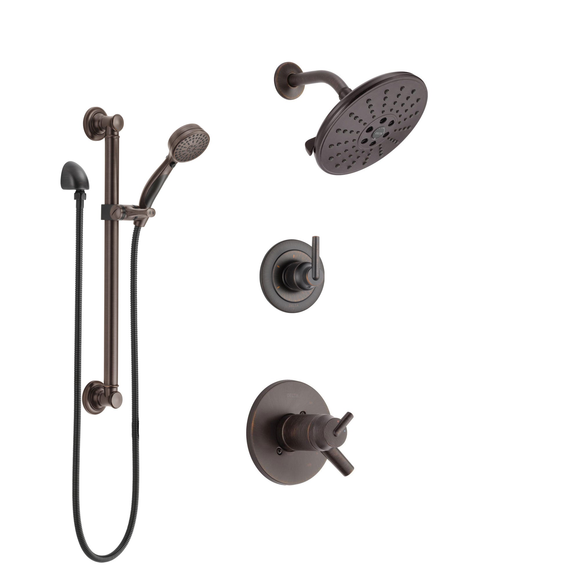 Delta Trinsic Venetian Bronze Shower System with Dual Thermostatic Control Handle, Diverter, Showerhead, and Hand Shower with Grab Bar SS17T2592RB3