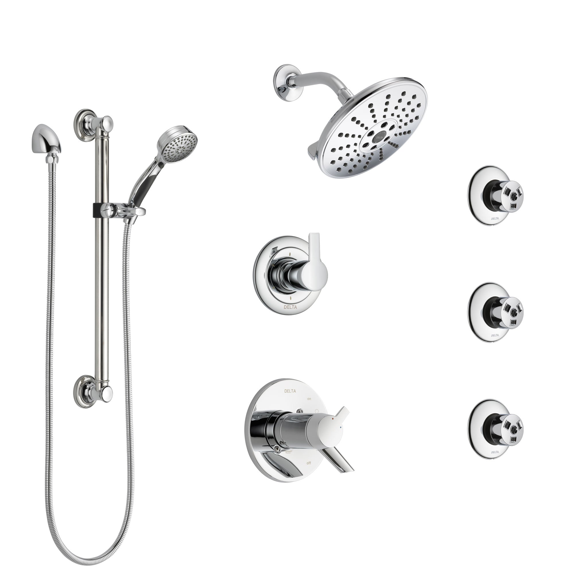 Delta Compel Chrome Shower System with Dual Thermostatic Control, Diverter, Showerhead, 3 Body Sprays, and Hand Shower with Grab Bar SS17T26122