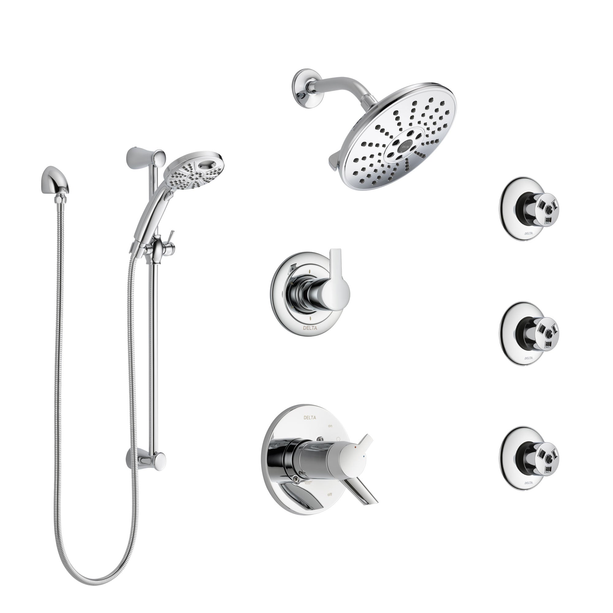Delta Compel Chrome Shower System with Dual Thermostatic Control, 6-Setting Diverter, Showerhead, 3 Body Sprays, and Temp2O Hand Shower SS17T26123