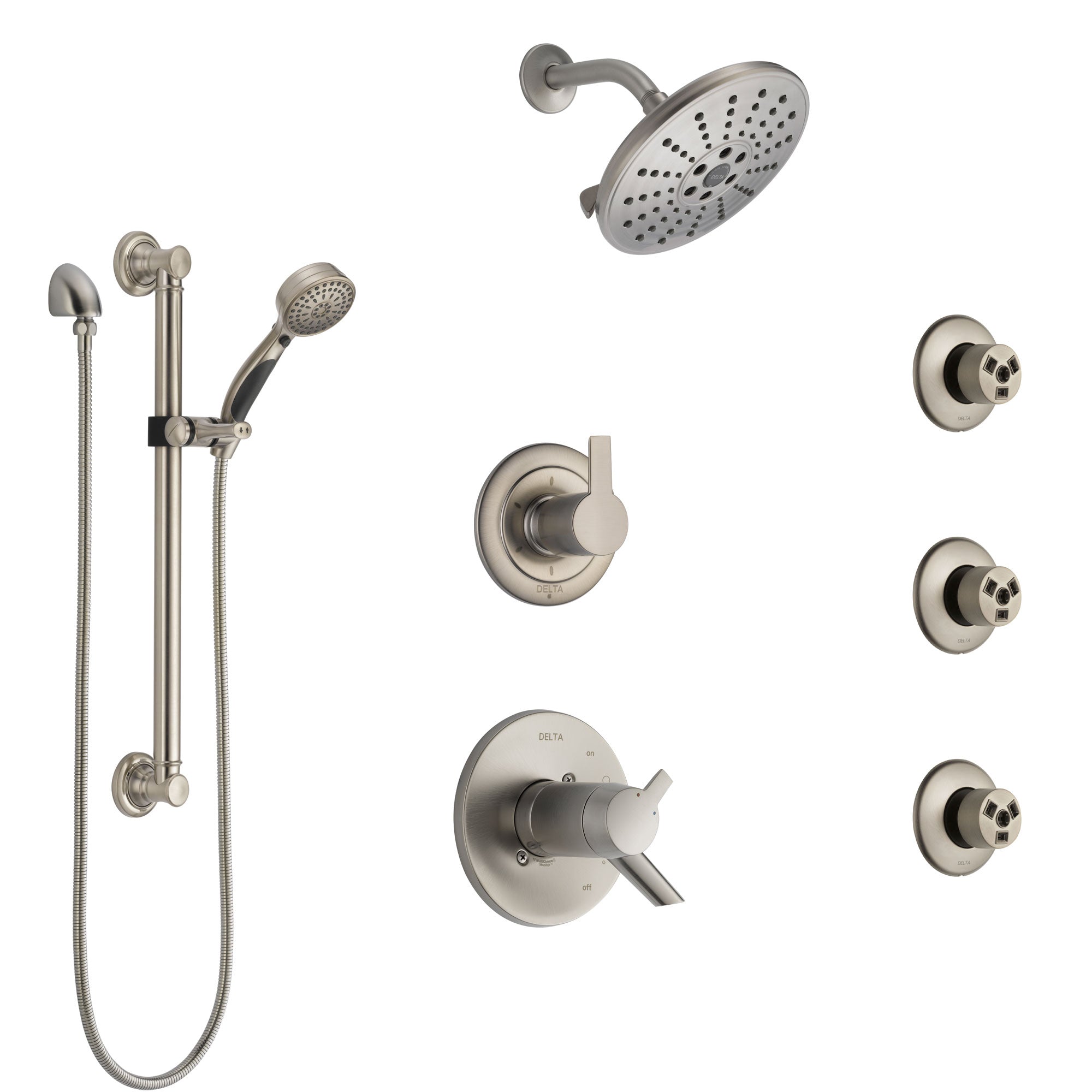 Delta Compel Dual Thermostatic Control Stainless Steel Finish Shower System, Diverter, Showerhead, 3 Body Sprays, and Grab Bar Hand Spray SS17T2612SS1