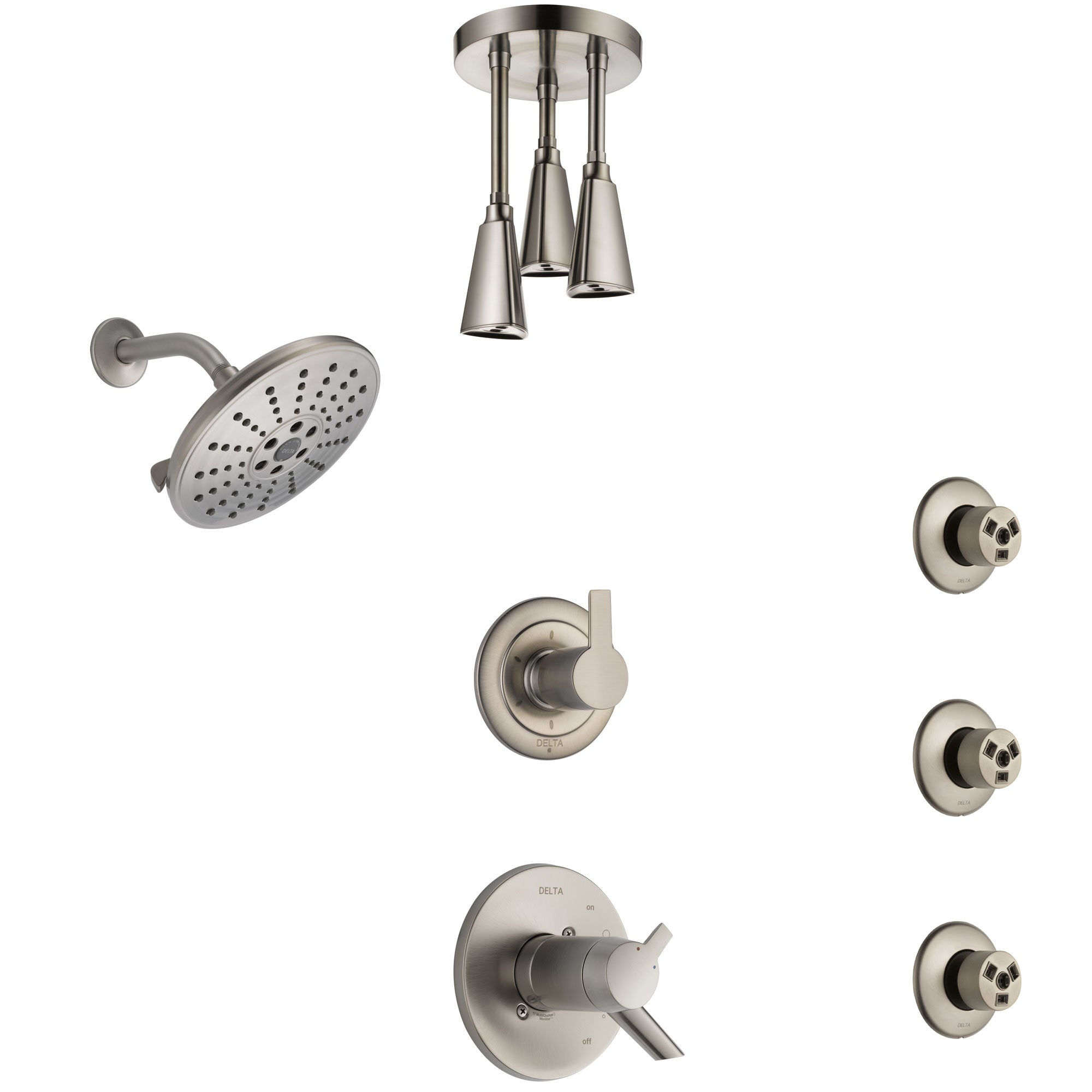 Delta Compel Dual Thermostatic Control Stainless Steel Finish Shower System, Diverter, Showerhead, Ceiling Showerhead, and 3 Body Sprays SS17T2612SS6
