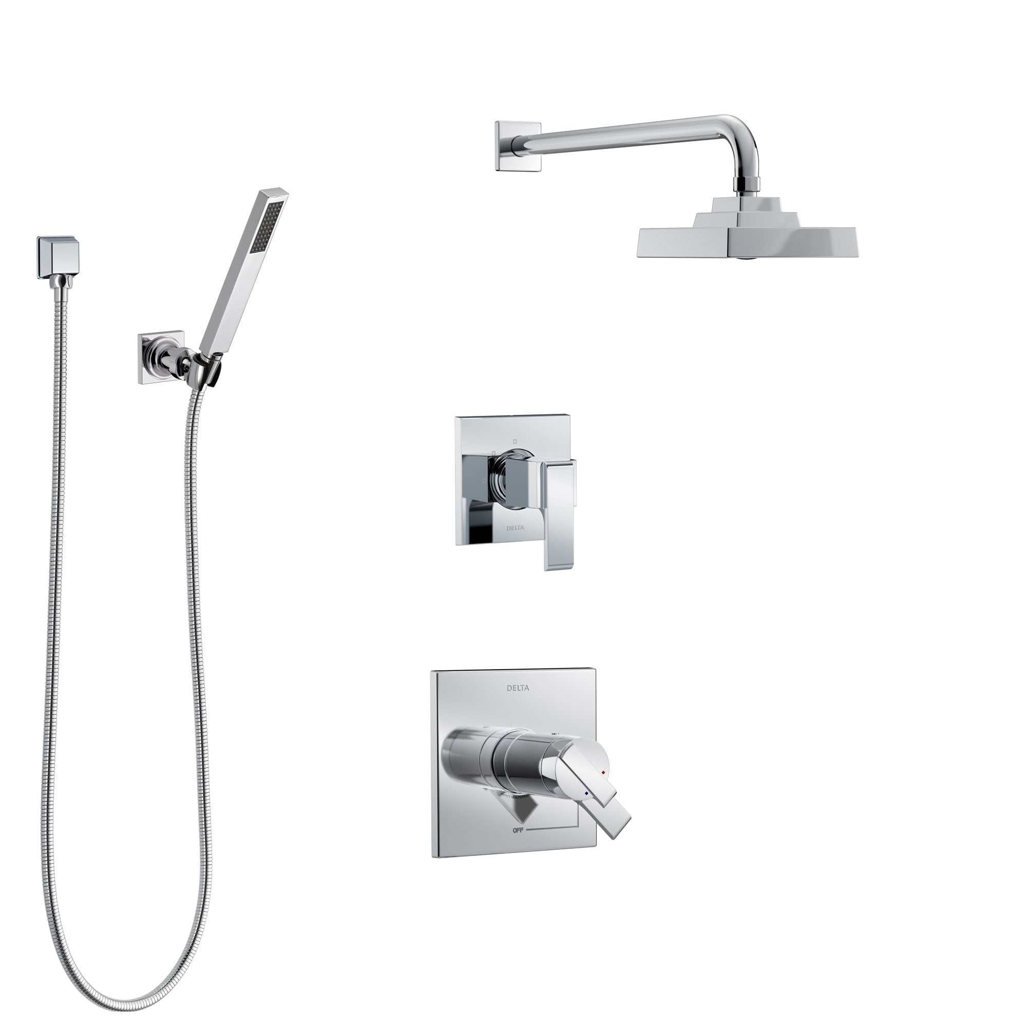 Delta Ara Chrome Finish Shower System with Dual Thermostatic Control Handle, Diverter, Showerhead, and Hand Shower with Wall Bracket SS17T26714
