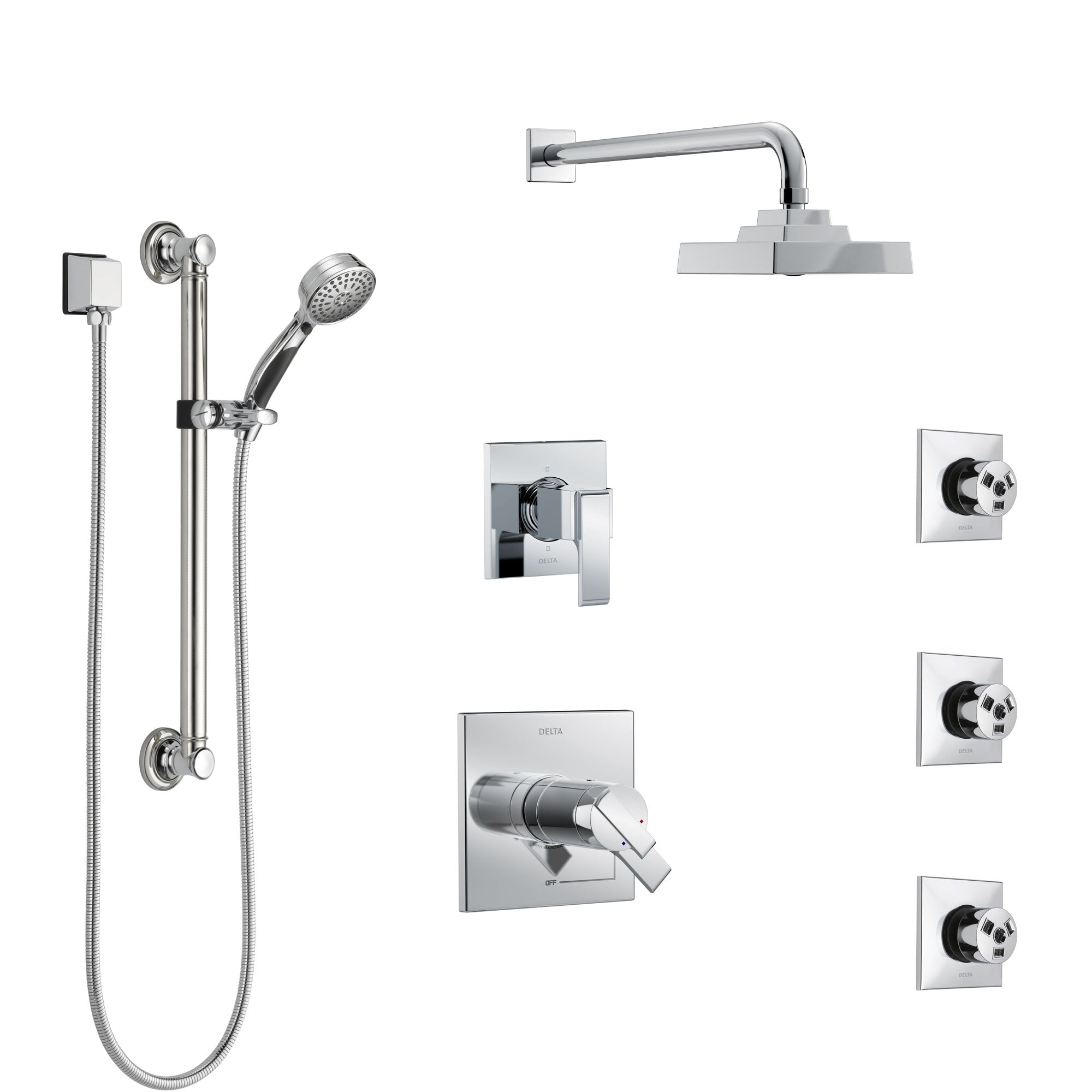Delta Ara Chrome Shower System with Dual Thermostatic Control, 6-Setting Diverter, Showerhead, 3 Body Sprays, and Hand Shower with Grab Bar SS17T26722