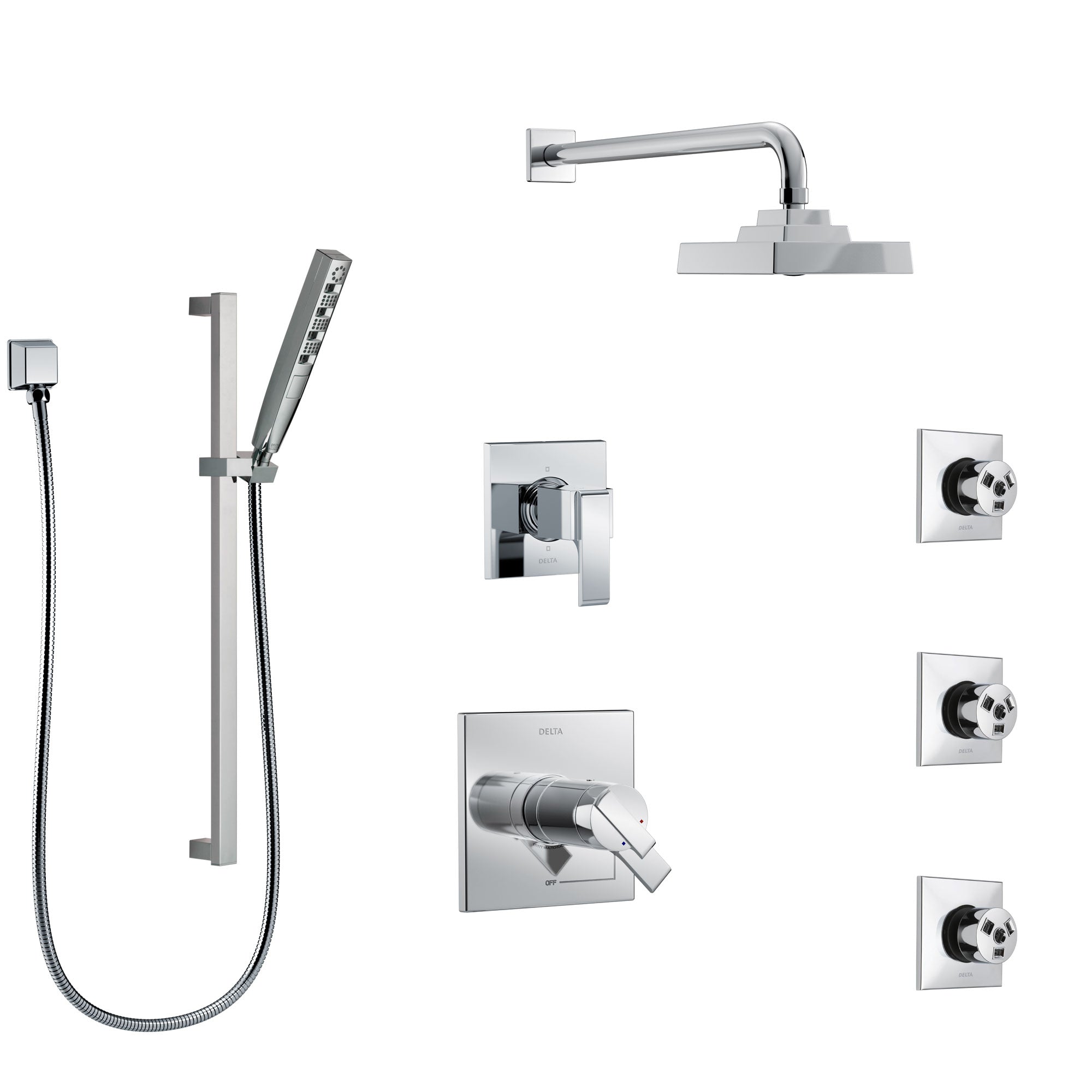 Delta Ara Chrome Finish Shower System with Dual Thermostatic Control Handle, 6-Setting Diverter, Showerhead, 3 Body Sprays, and Hand Shower SS17T26723