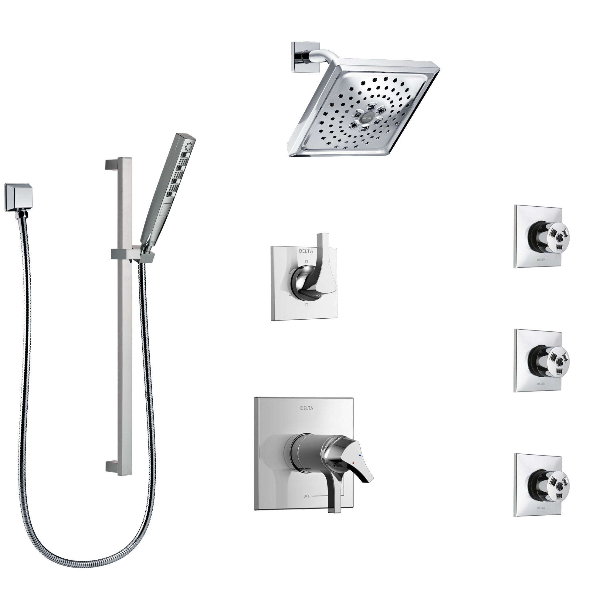 Delta Zura Chrome Shower System with Dual Thermostatic Control Handle, 6-Setting Diverter, Showerhead, 3 Body Sprays, and Hand Shower SS17T27424