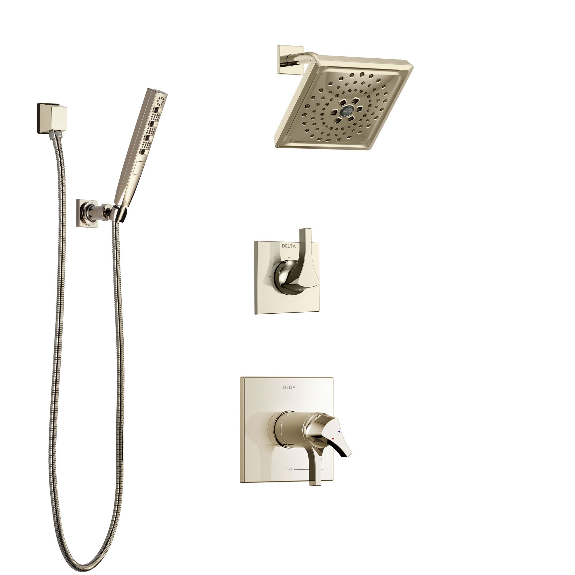 Delta Zura Polished Nickel Shower System with Dual Thermostatic Control Handle, Diverter, Showerhead, and Hand Shower with Wall Bracket SS17T274PN2