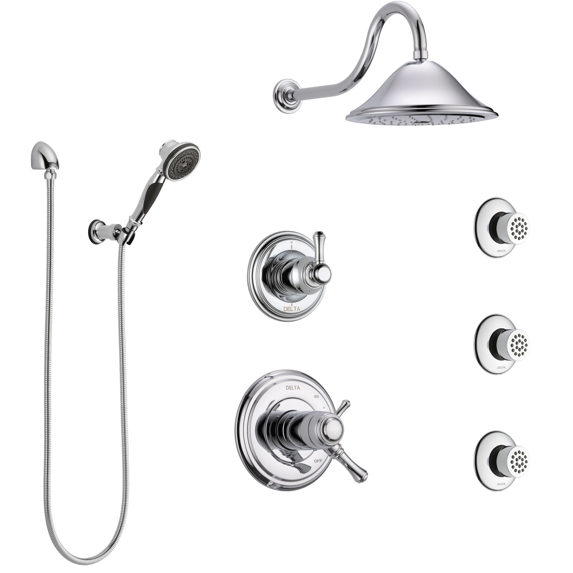 Delta Cassidy Chrome Shower System with Dual Thermostatic Control Handle, 6-Setting Diverter, Showerhead, 3 Body Sprays, and Hand Shower SS17T29716