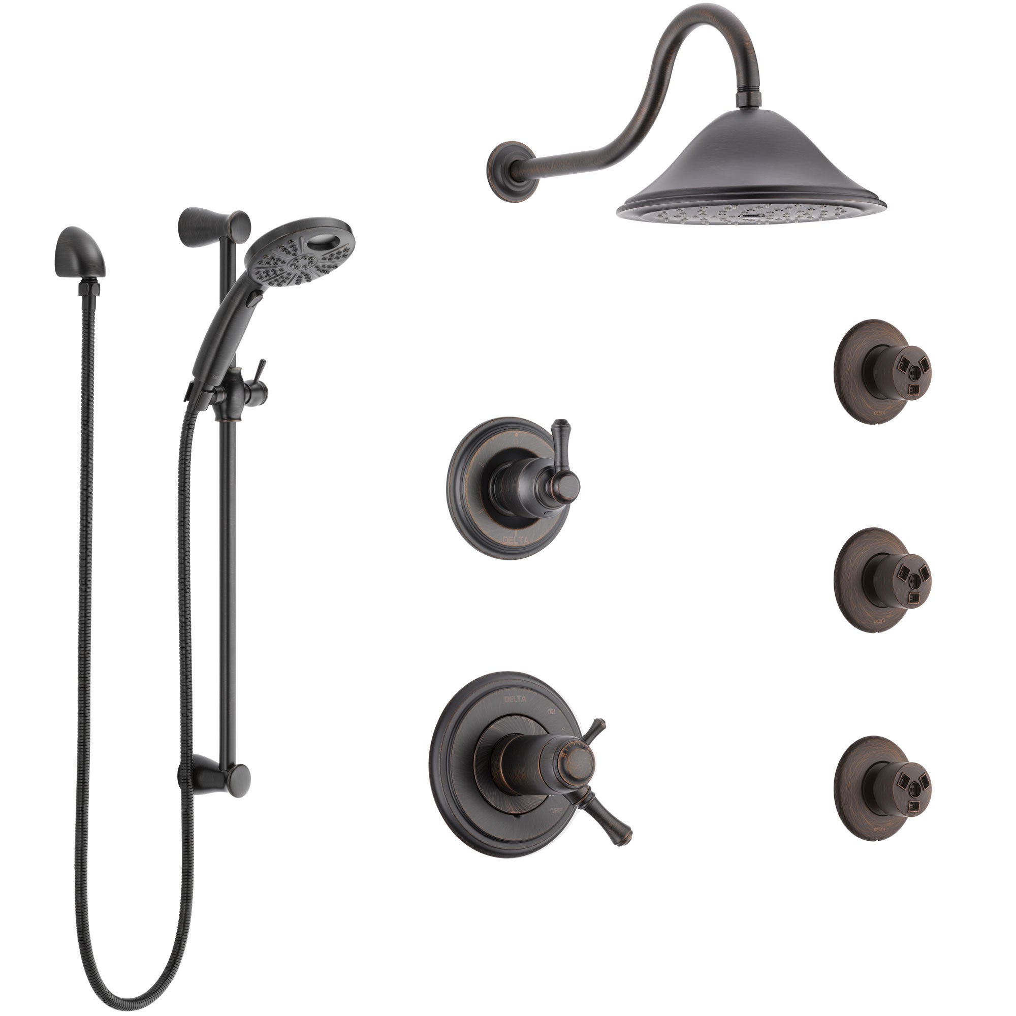 Delta Cassidy Venetian Bronze Shower System with Dual Thermostatic Control, Diverter, Showerhead, 3 Body Sprays, and Temp2O Hand Shower SS17T2971RB6