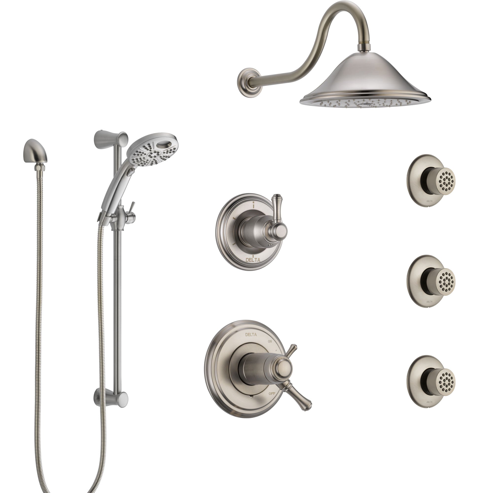 Delta Cassidy Dual Thermostatic Control Stainless Steel Finish Shower System, Diverter, Showerhead, 3 Body Sprays, and Temp2O Hand Shower SS17T2971SS6