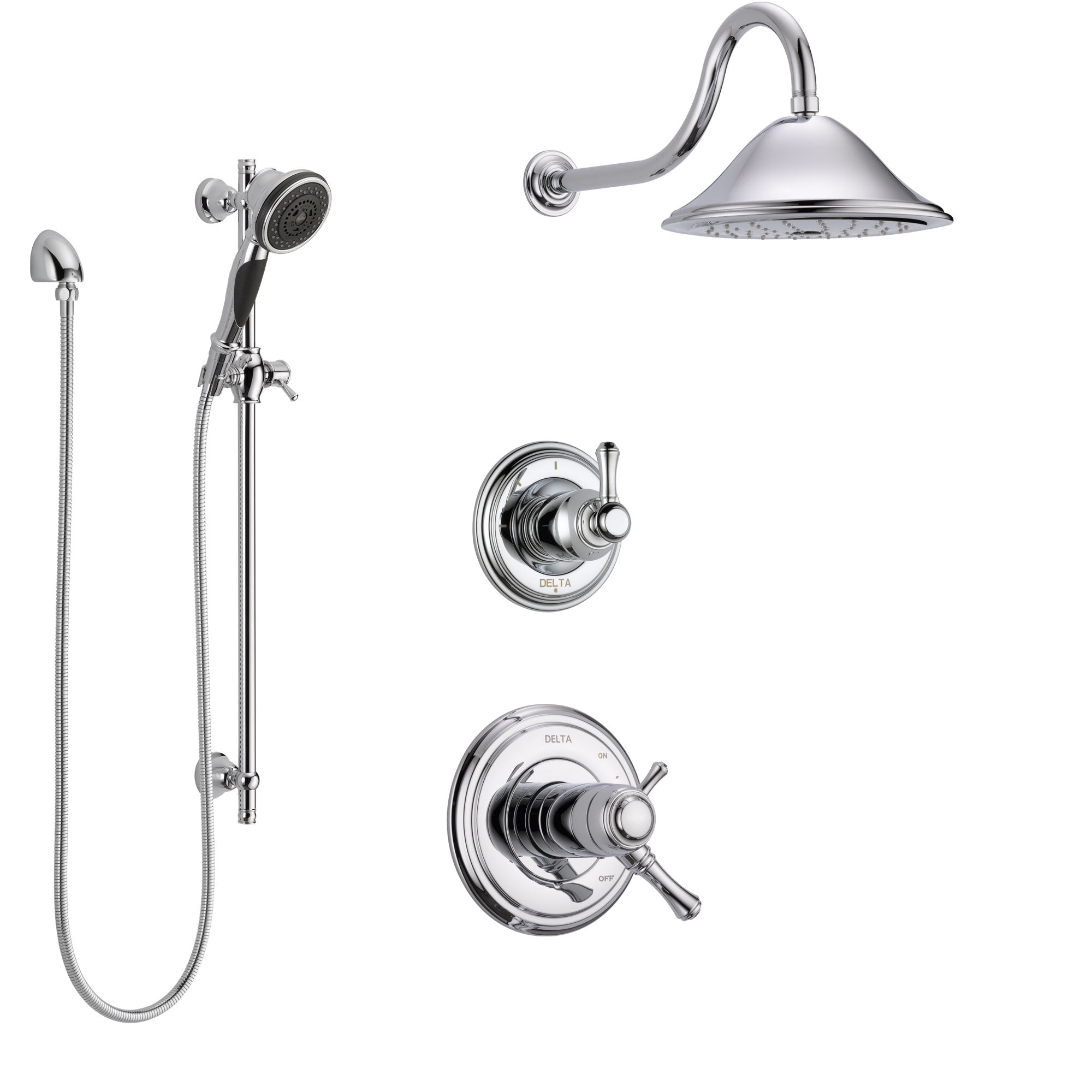 Delta Cassidy Chrome Finish Shower System with Dual Thermostatic Control Handle, Diverter, Showerhead, and Hand Shower with Slidebar SS17T29725