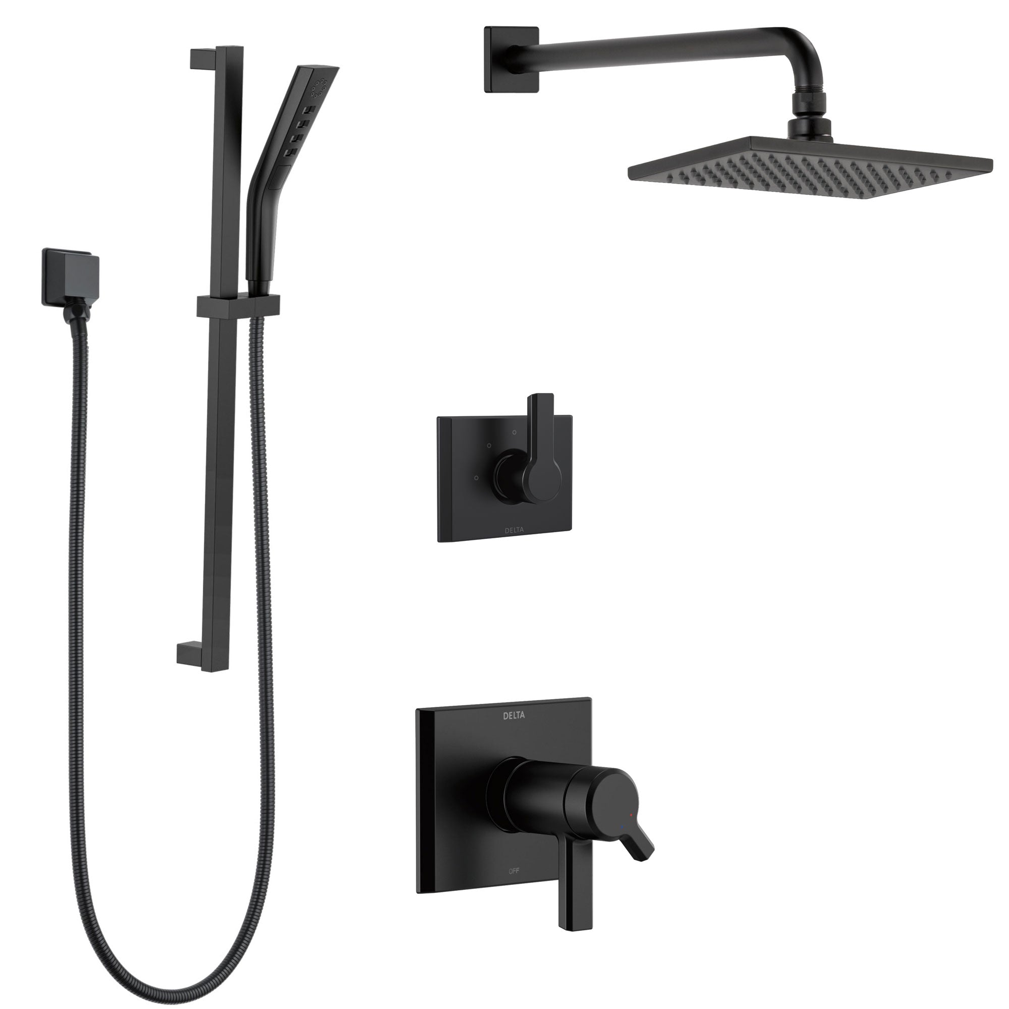 Delta Pivotal Matte Black Finish Thermostatic Dual Control Shower System with Wall Mount Rain Showerhead and Hand Shower with Slide Bar SS17T2993BL2