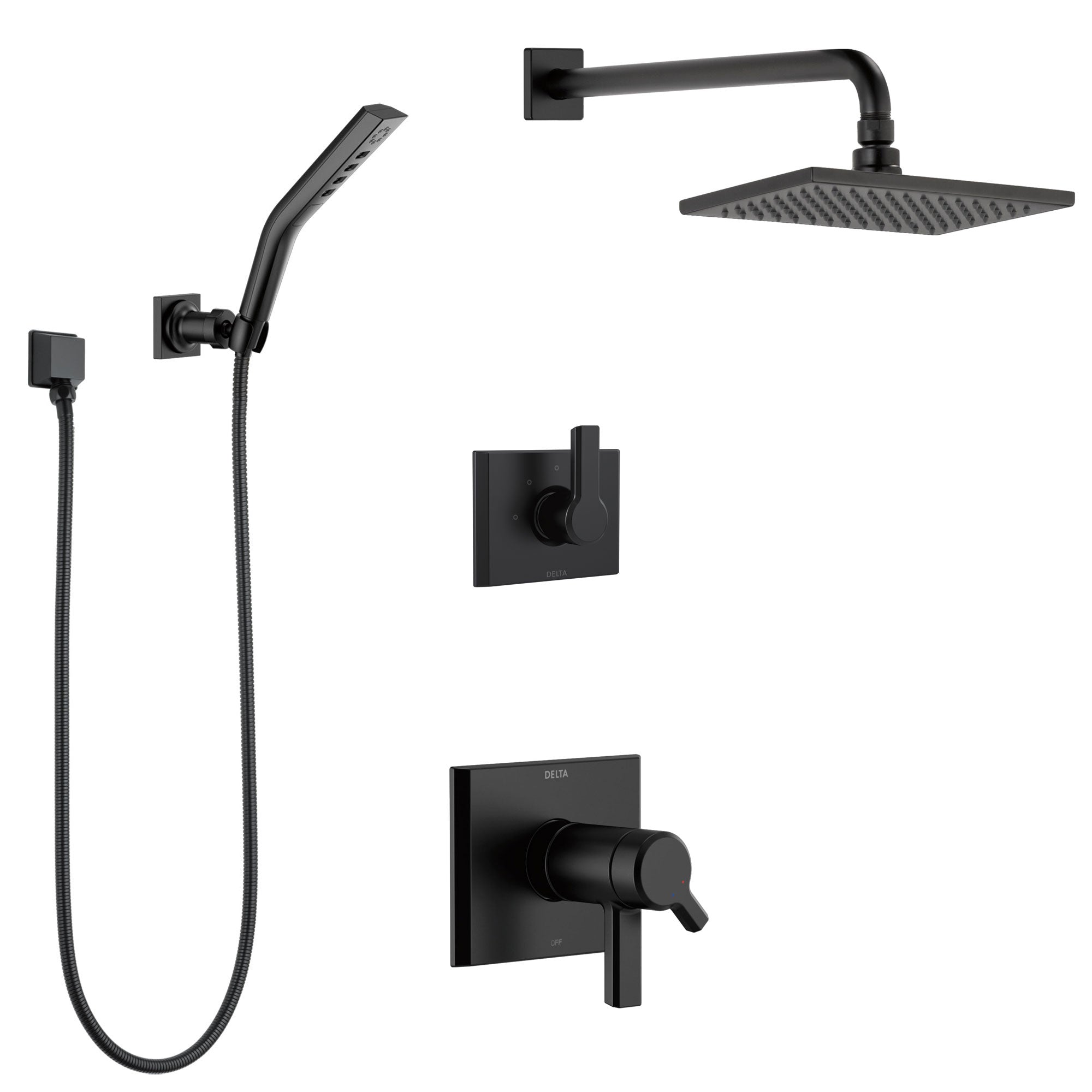 Delta Pivotal Matte Black Finish Thermostatic Dual Control Shower System with Wall Mount Rain Showerhead and Hand Shower SS17T2993BL3