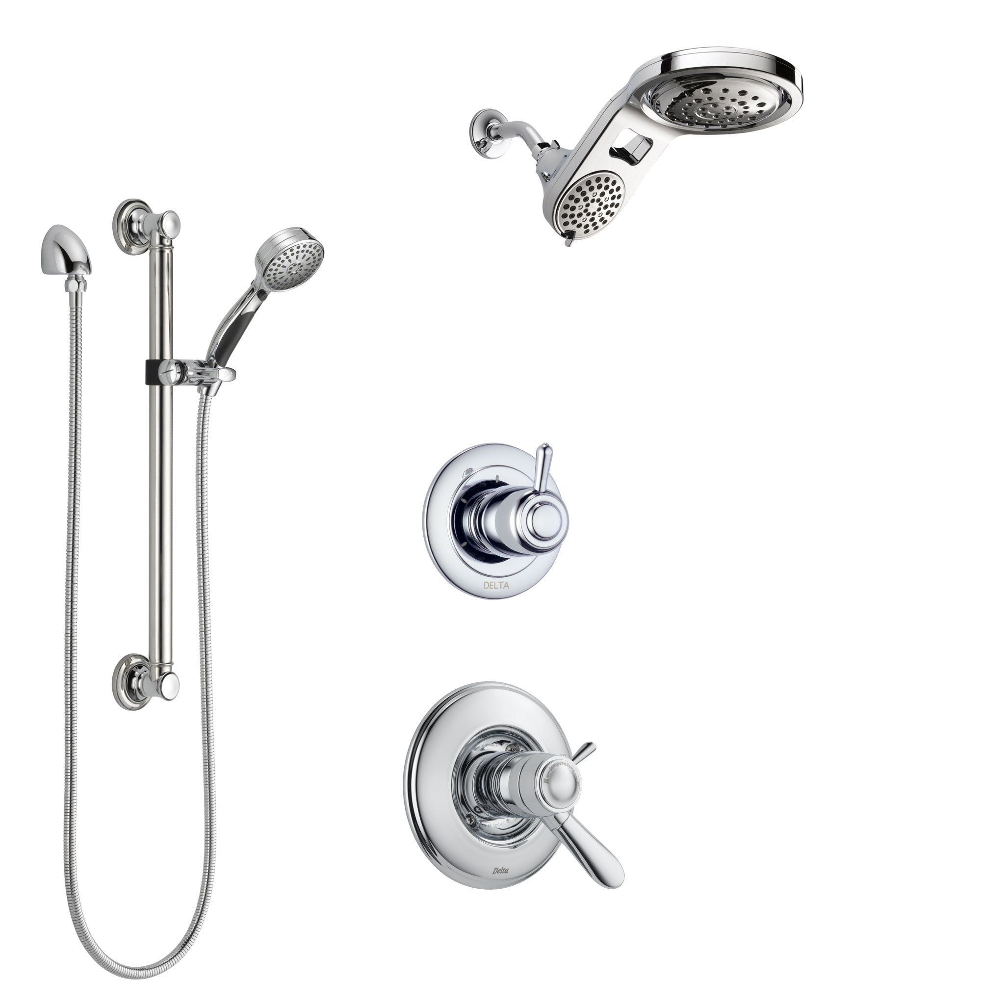 Delta Lahara Chrome Finish Shower System with Dual Thermostatic Control Handle, Diverter, Dual Showerhead, and Hand Shower with Grab Bar SS17T3814