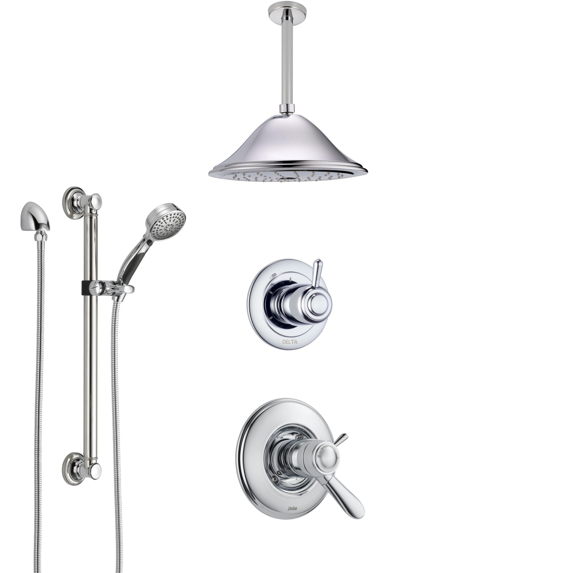 Delta Lahara Chrome Shower System with Dual Thermostatic Control Handle, Diverter, Ceiling Mount Showerhead, and Hand Shower with Grab Bar SS17T3816