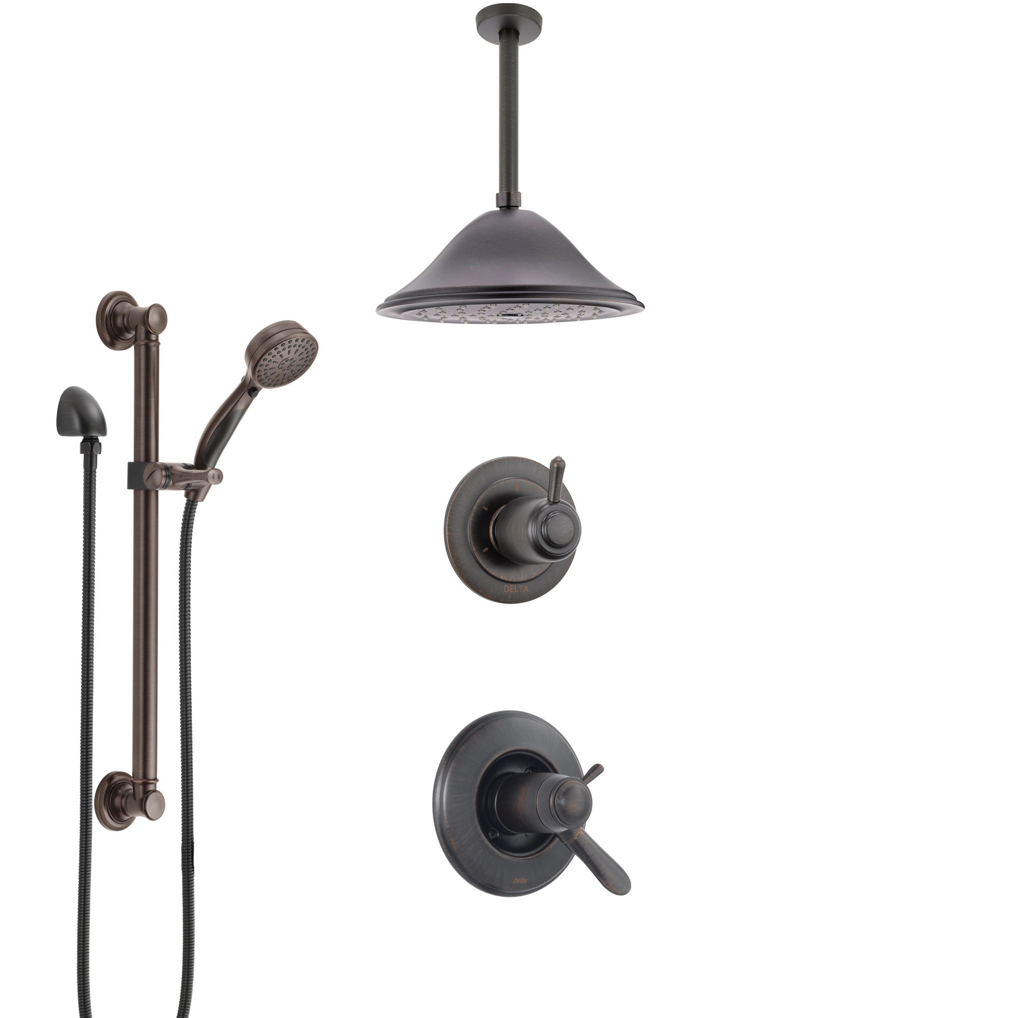 Delta Lahara Venetian Bronze Shower System with Dual Thermostatic Control, Diverter, Ceiling Mount Showerhead, and Grab Bar Hand Shower SS17T381RB2