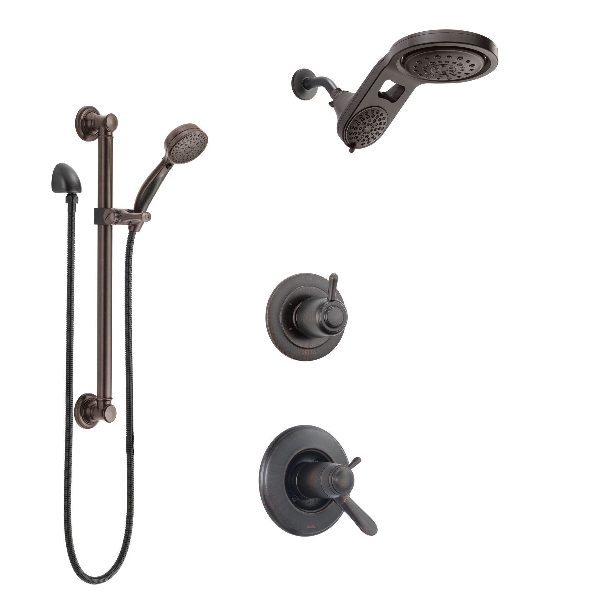 Delta Lahara Venetian Bronze Shower System with Dual Thermostatic Control Handle, Diverter, Dual Showerhead, and Hand Shower with Grab Bar SS17T381RB7