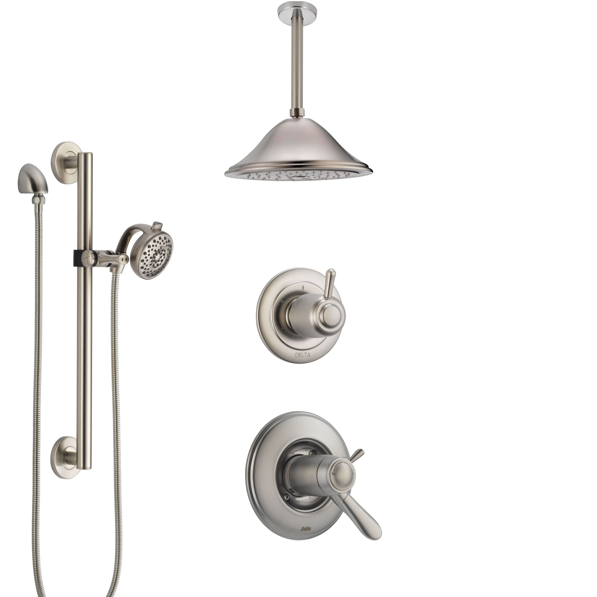 Delta Lahara Dual Thermostatic Control Stainless Steel Finish Shower System, Diverter, Ceiling Mount Showerhead, and Grab Bar Hand Shower SS17T381SS4