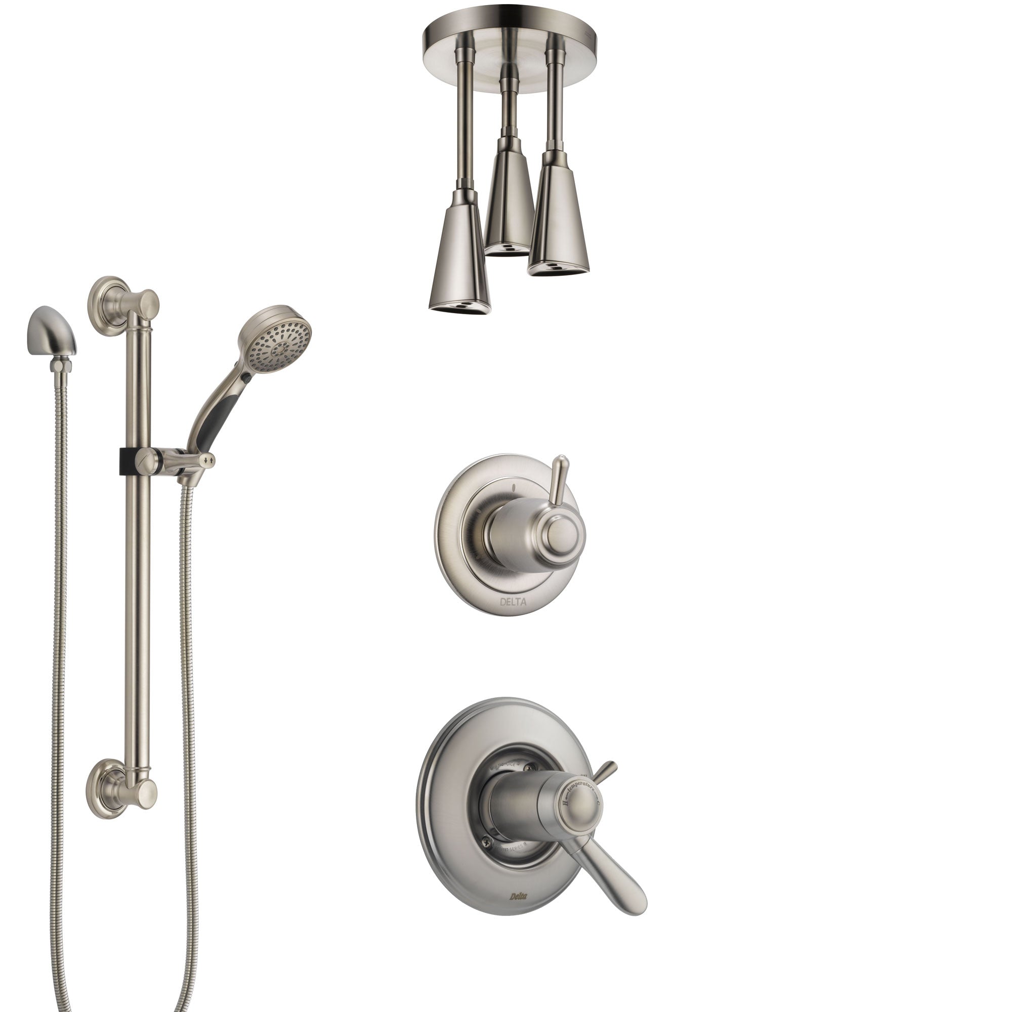 Delta Lahara Dual Thermostatic Control Stainless Steel Finish Shower System, Diverter, Ceiling Mount Showerhead, and Grab Bar Hand Shower SS17T381SS7