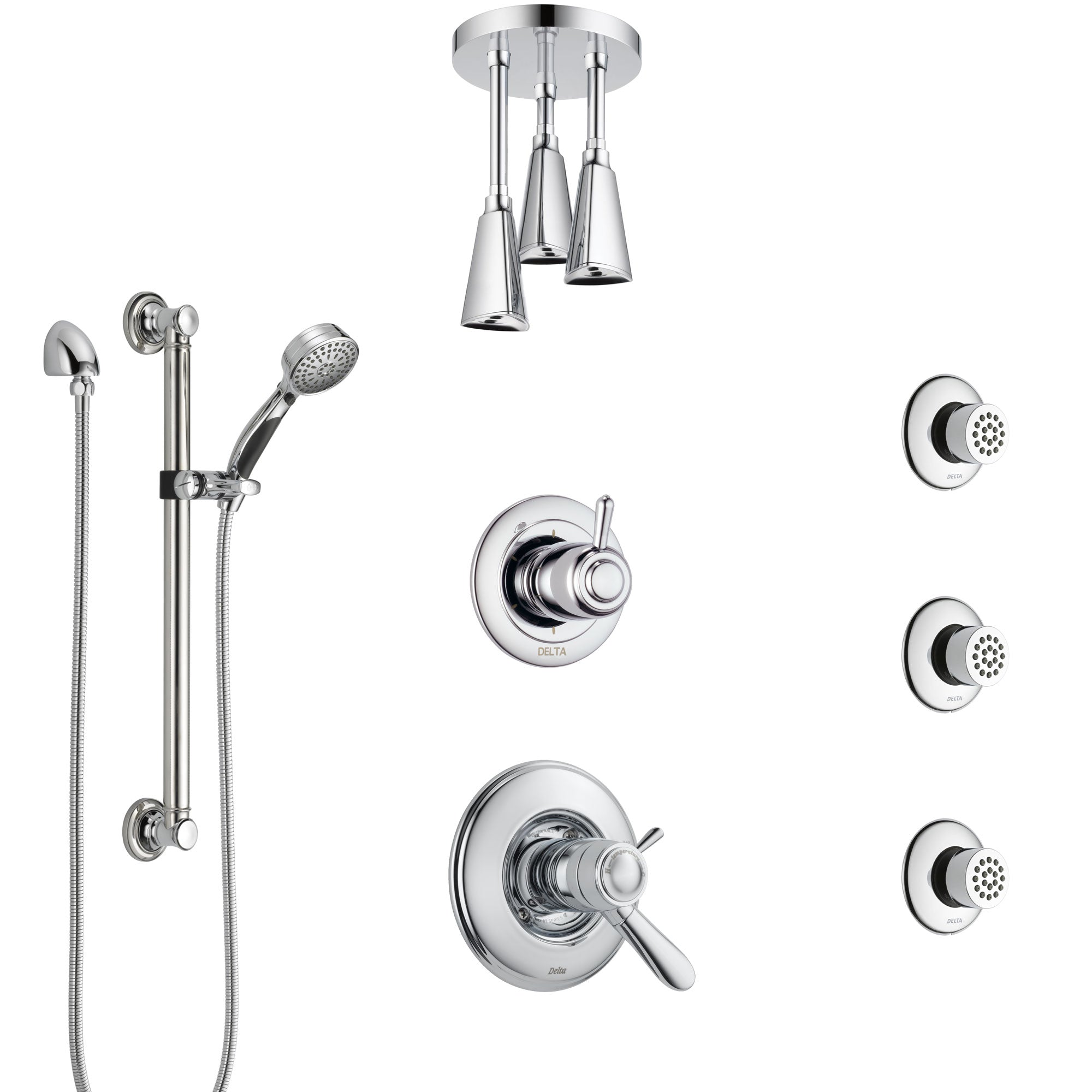 Delta Lahara Chrome Shower System with Dual Thermostatic Control, Diverter, Ceiling Showerhead, 3 Body Sprays, and Grab Bar Hand Shower SS17T3822
